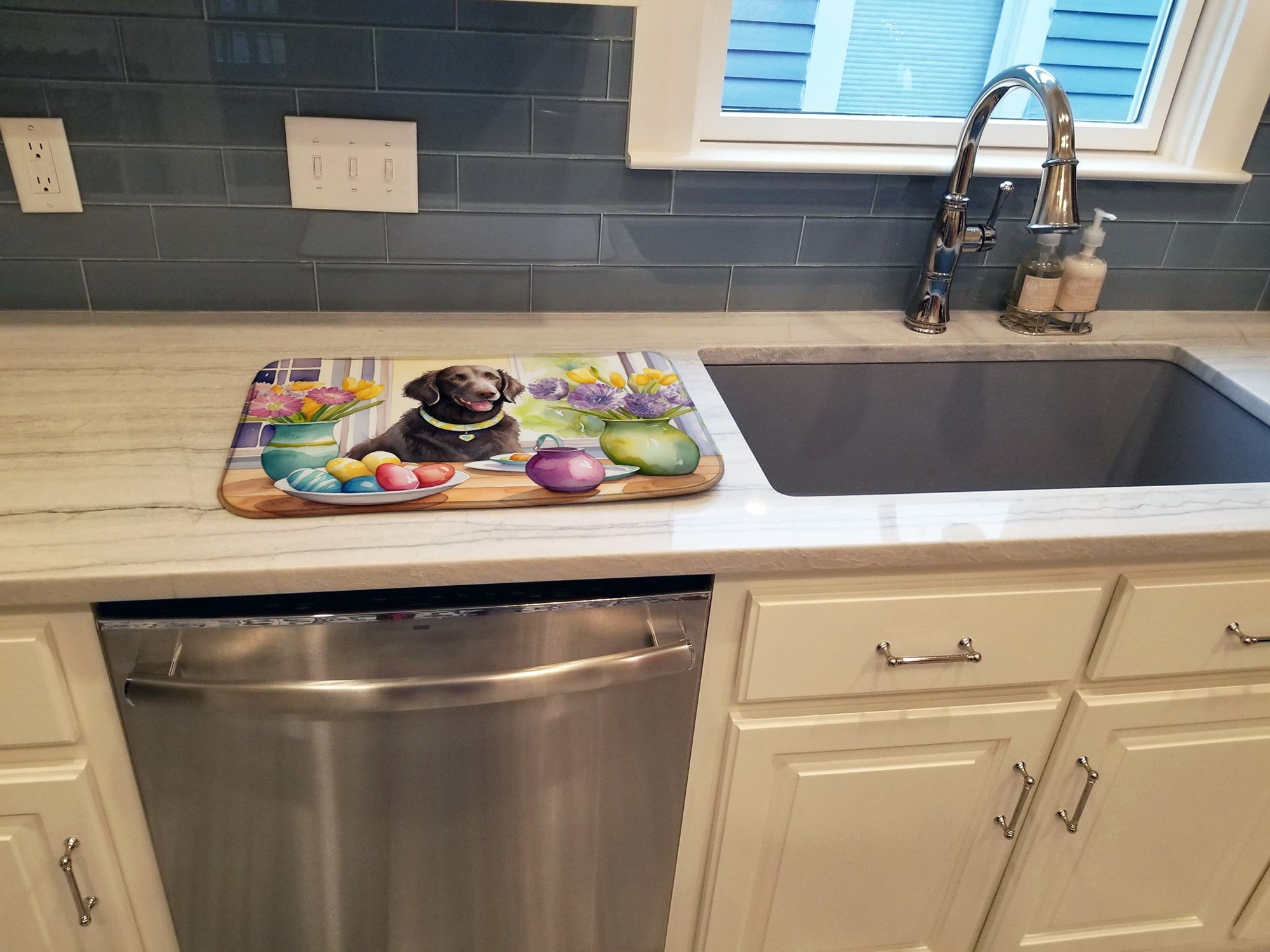 Decorating Easter Curly-Coated Retriever Dish Drying Mat Absorbent Dish Drying Mat Pad for Kitchen Counter Dish Drainer Mat for Countertop, 14 x 21", Multicolor