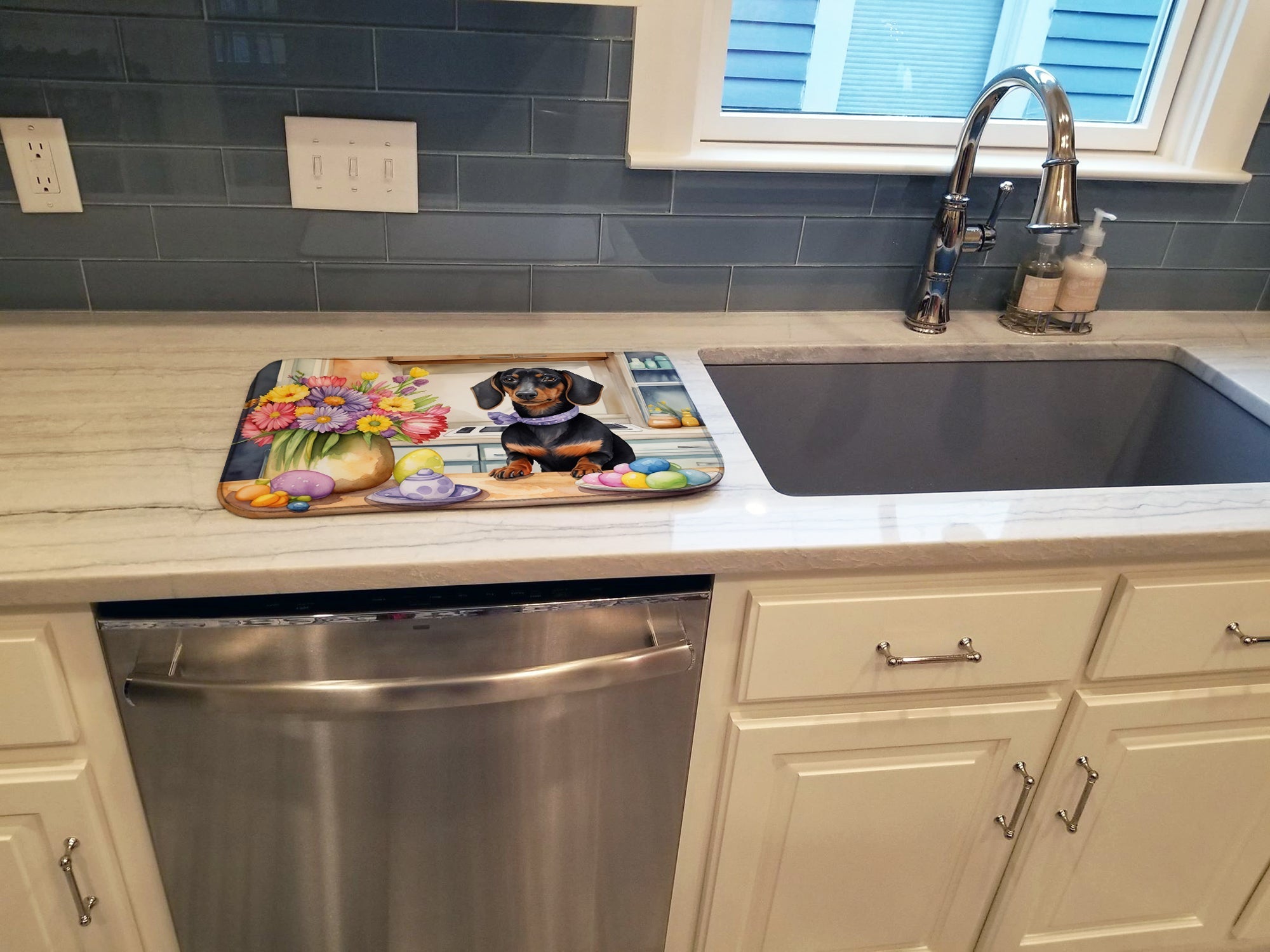 Decorating Easter Dachshund Dish Drying Mat Absorbent Dish Drying Mat Pad for Kitchen Counter Dish Drainer Mat for Countertop, 14 x 21", Multicolor