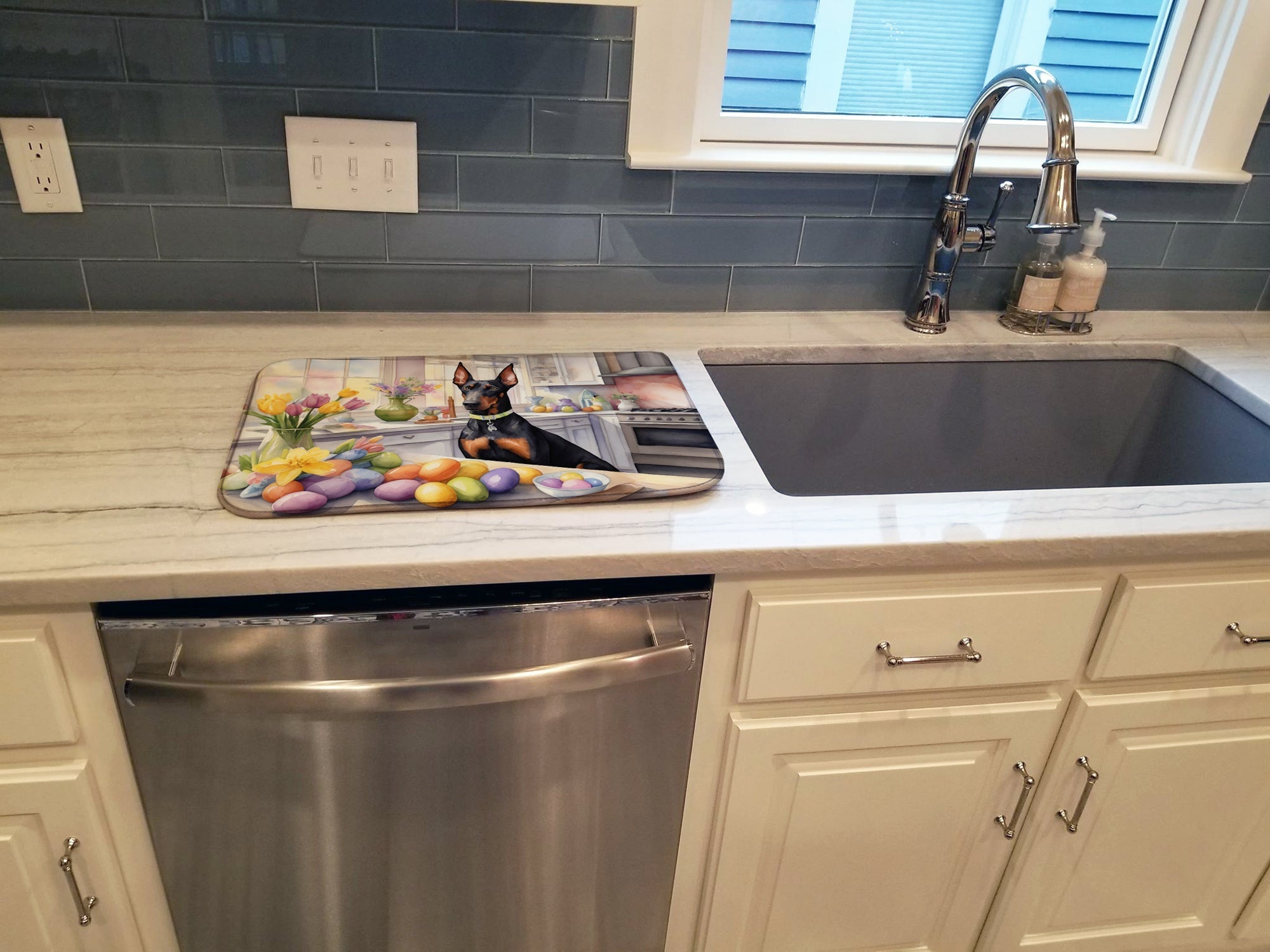 Decorating Easter Doberman Pinscher Dish Drying Mat Absorbent Dish Drying Mat Pad for Kitchen Counter Dish Drainer Mat for Countertop, 14 x 21", Multicolor