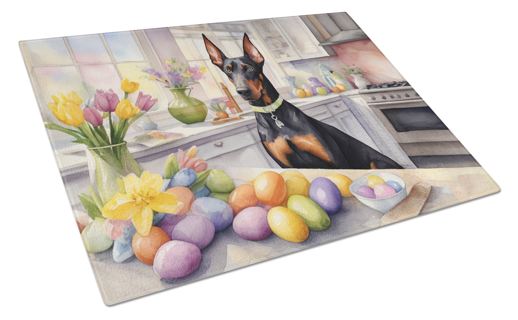 Decorating Easter Doberman Pinscher Cutting Board Tempered Glass Kitchen Cutting Surface, Heat Resistant Chopping, Non-Slip Feet, Food Prep & Serving