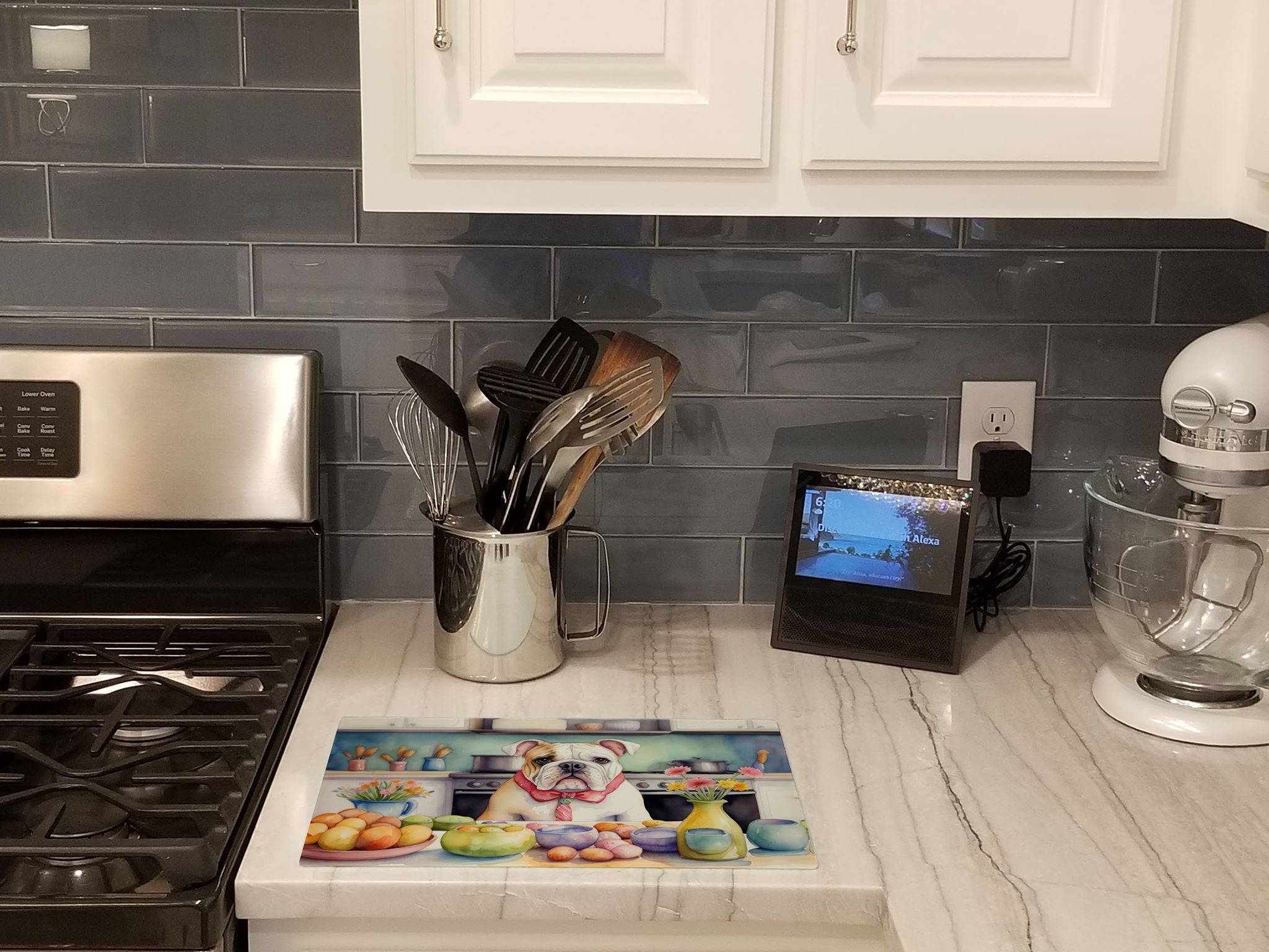 Decorating Easter English Bulldog Cutting Board Tempered Glass Kitchen Cutting Surface, Heat Resistant Chopping, Non-Slip Feet, Food Prep & Serving