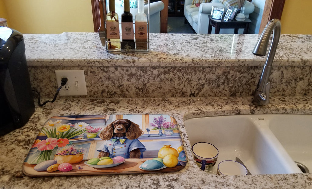 Decorating Easter English Cocker Spaniel Dish Drying Mat Absorbent Dish Drying Mat Pad for Kitchen Counter Dish Drainer Mat for Countertop, 14 x 21", Multicolor