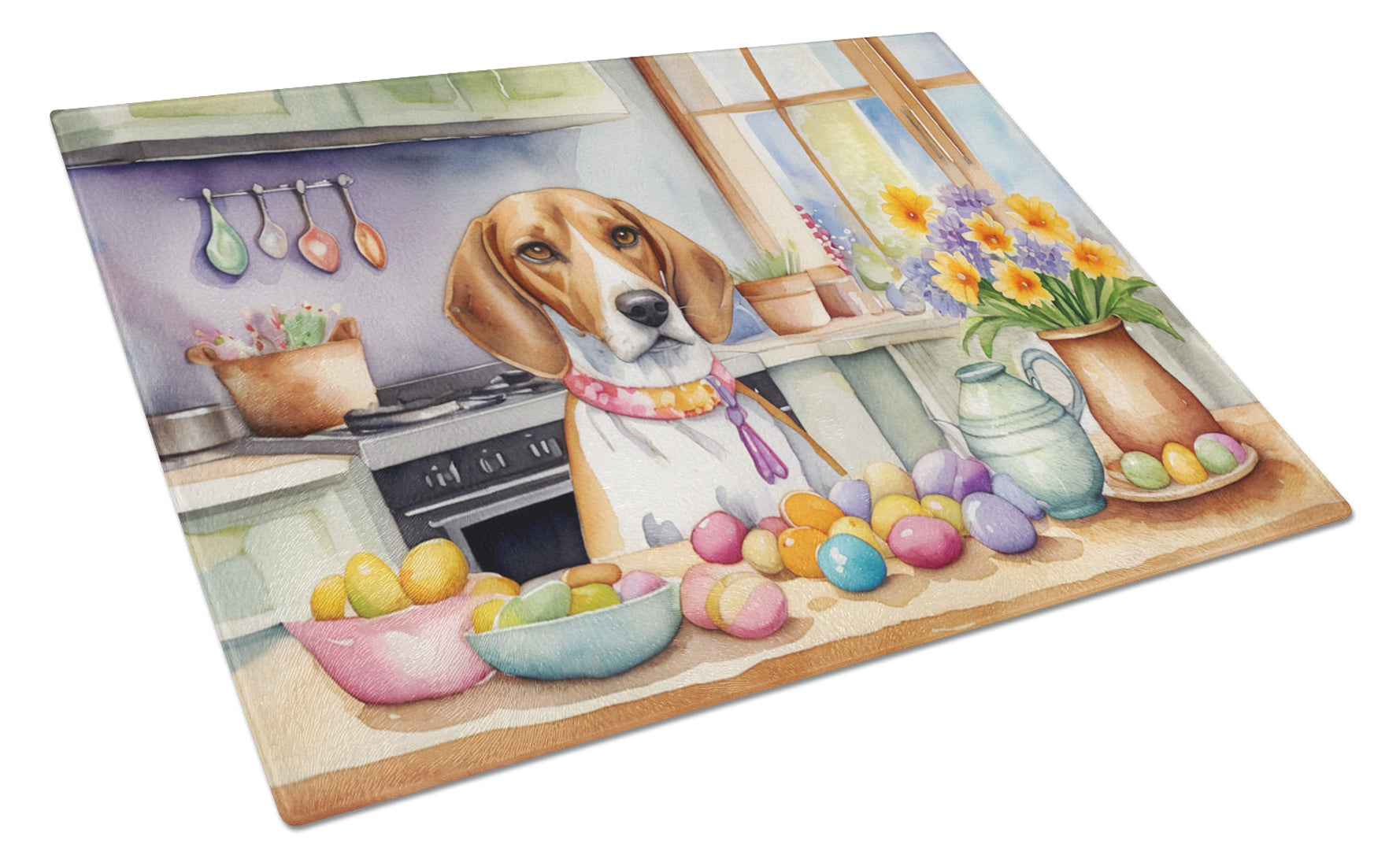 Decorating Easter English Foxhound Cutting Board Tempered Glass Kitchen Cutting Surface, Heat Resistant Chopping, Non-Slip Feet, Food Prep & Serving