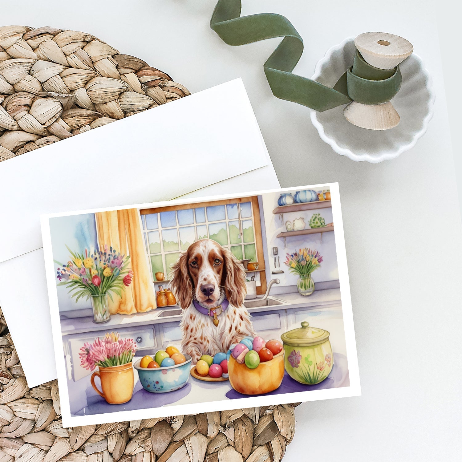 Decorating Easter English Setter Greeting Cards Pack of 8 Blank Cards with Envelopes Whimsical A7 Size 5x7