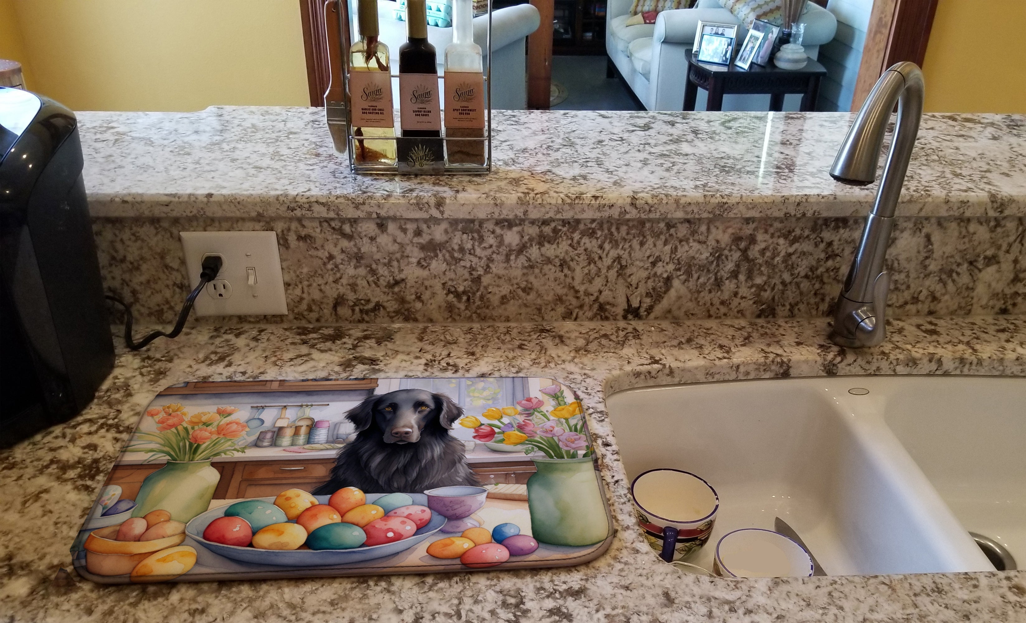 Decorating Easter Flat-Coated Retriever Dish Drying Mat Absorbent Dish Drying Mat Pad for Kitchen Counter Dish Drainer Mat for Countertop, 14 x 21", Multicolor