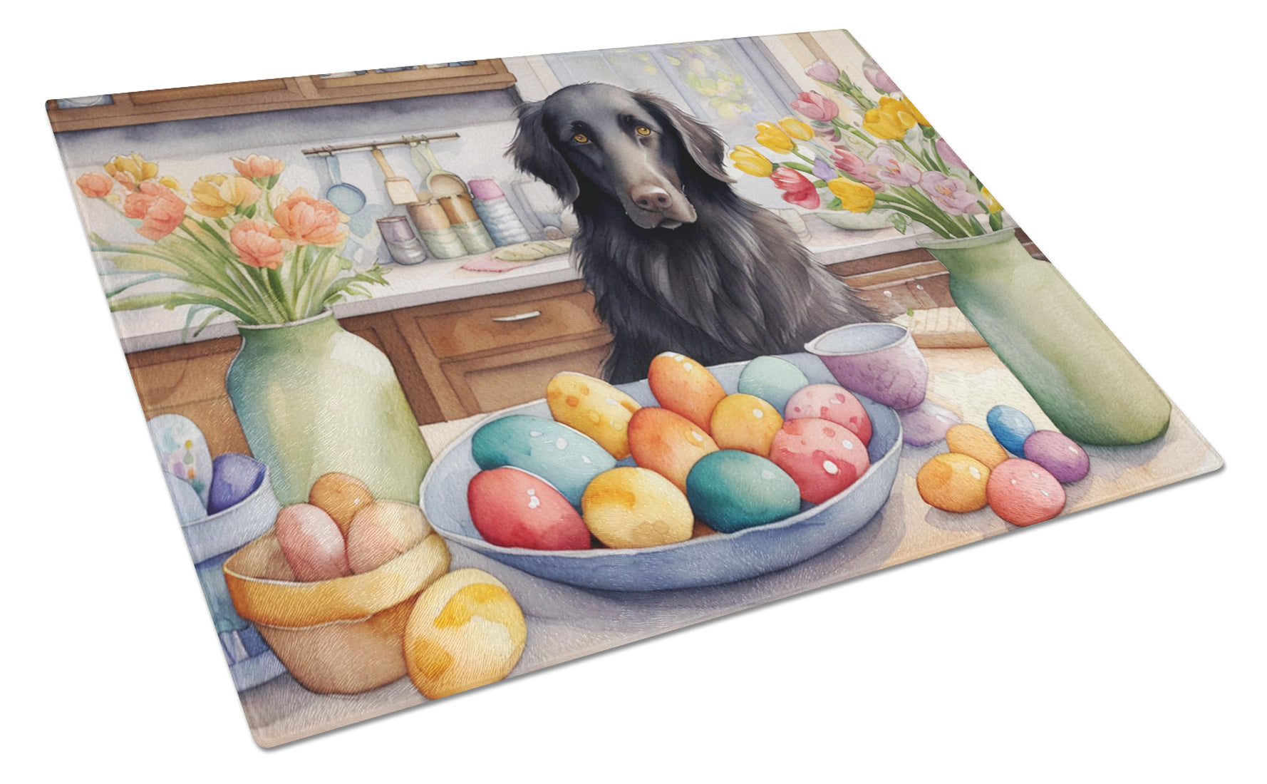Decorating Easter Flat-Coated Retriever Cutting Board Tempered Glass Kitchen Cutting Surface, Heat Resistant Chopping, Non-Slip Feet, Food Prep & Serving