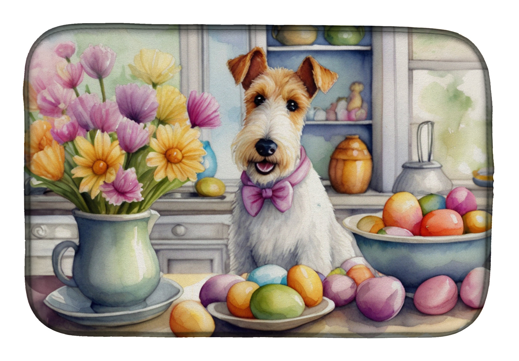 Decorating Easter Fox Terrier Dish Drying Mat Absorbent Dish Drying Mat Pad for Kitchen Counter Dish Drainer Mat for Countertop, 14 x 21", Multicolor