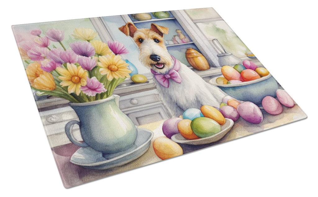 Decorating Easter Fox Terrier Cutting Board Tempered Glass Kitchen Cutting Surface, Heat Resistant Chopping, Non-Slip Feet, Food Prep & Serving