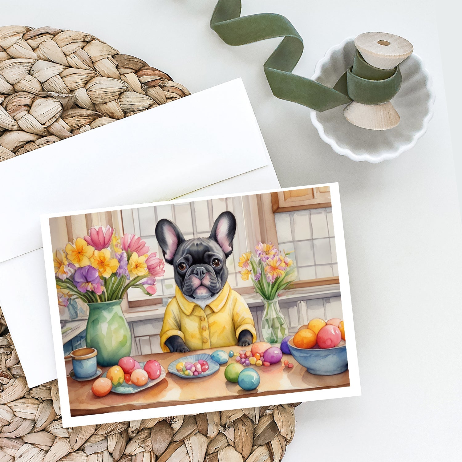 Decorating Easter French Bulldog Greeting Cards Pack of 8 Blank Cards with Envelopes Whimsical A7 Size 5x7