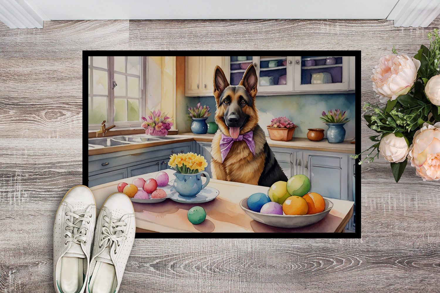 Decorating Easter German Shepherd Doormat Indoor Outdoor 24H X 36W Front Door Mat Rugs for Entryway, Non Slip Washable Low Pile,