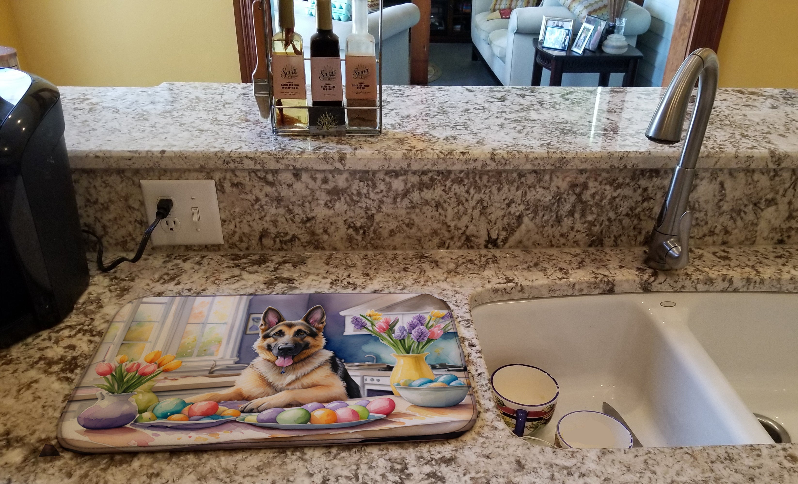 Decorating Easter German Shepherd Dish Drying Mat Absorbent Dish Drying Mat Pad for Kitchen Counter Dish Drainer Mat for Countertop, 14 x 21", Multicolor