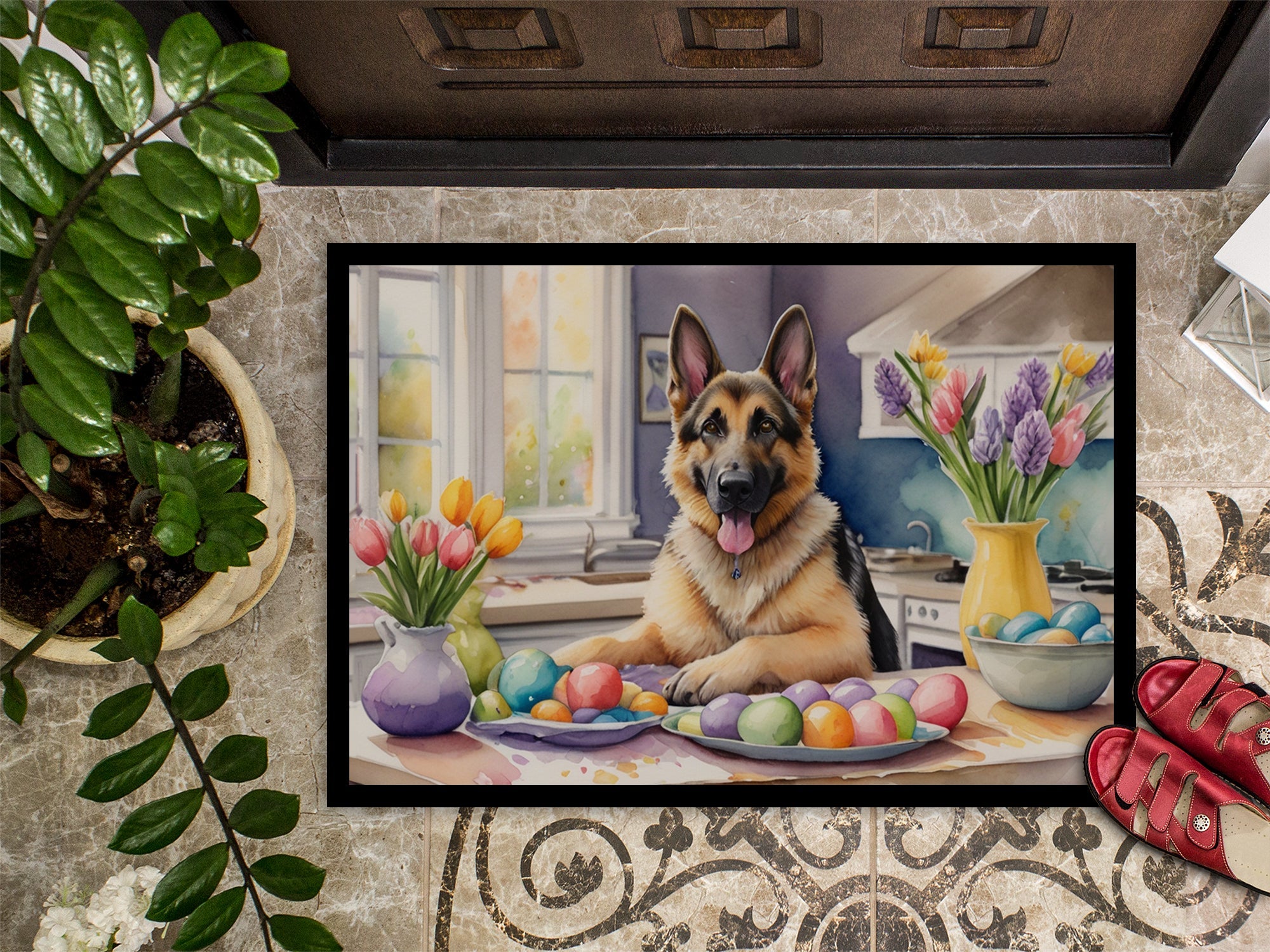 Decorating Easter German Shepherd Doormat Indoor Outdoor 24H X 36W Front Door Mat Rugs for Entryway, Non Slip Washable Low Pile,