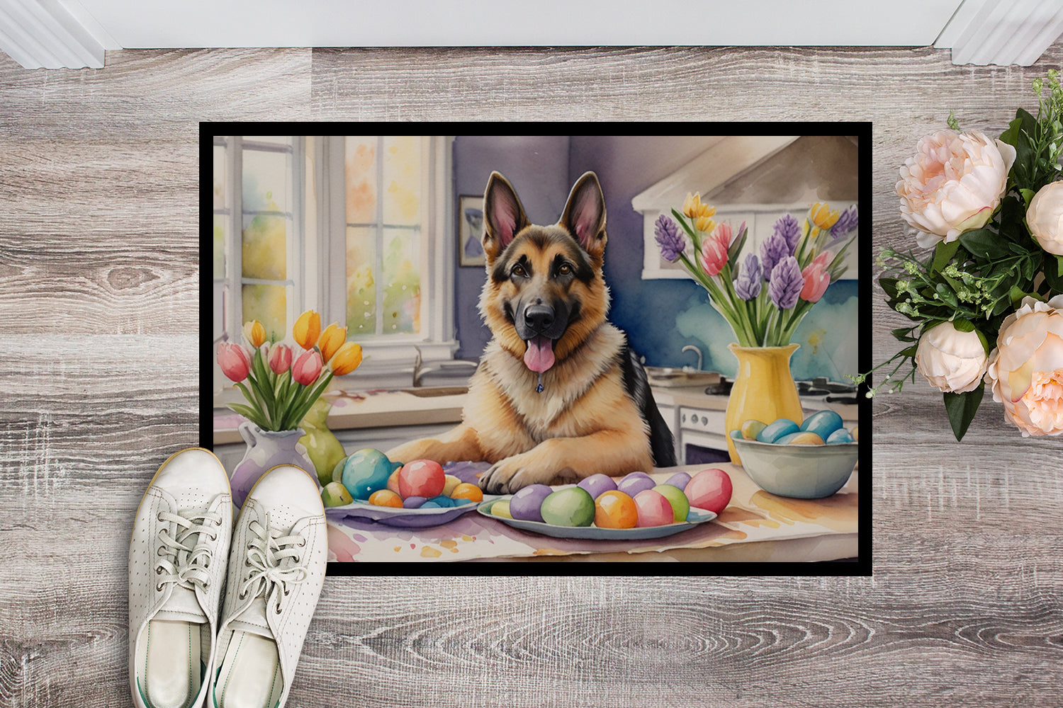 Decorating Easter German Shepherd Doormat Indoor Outdoor 18H X 27W Front Door Mat Rugs for Entryway, Non Slip Washable