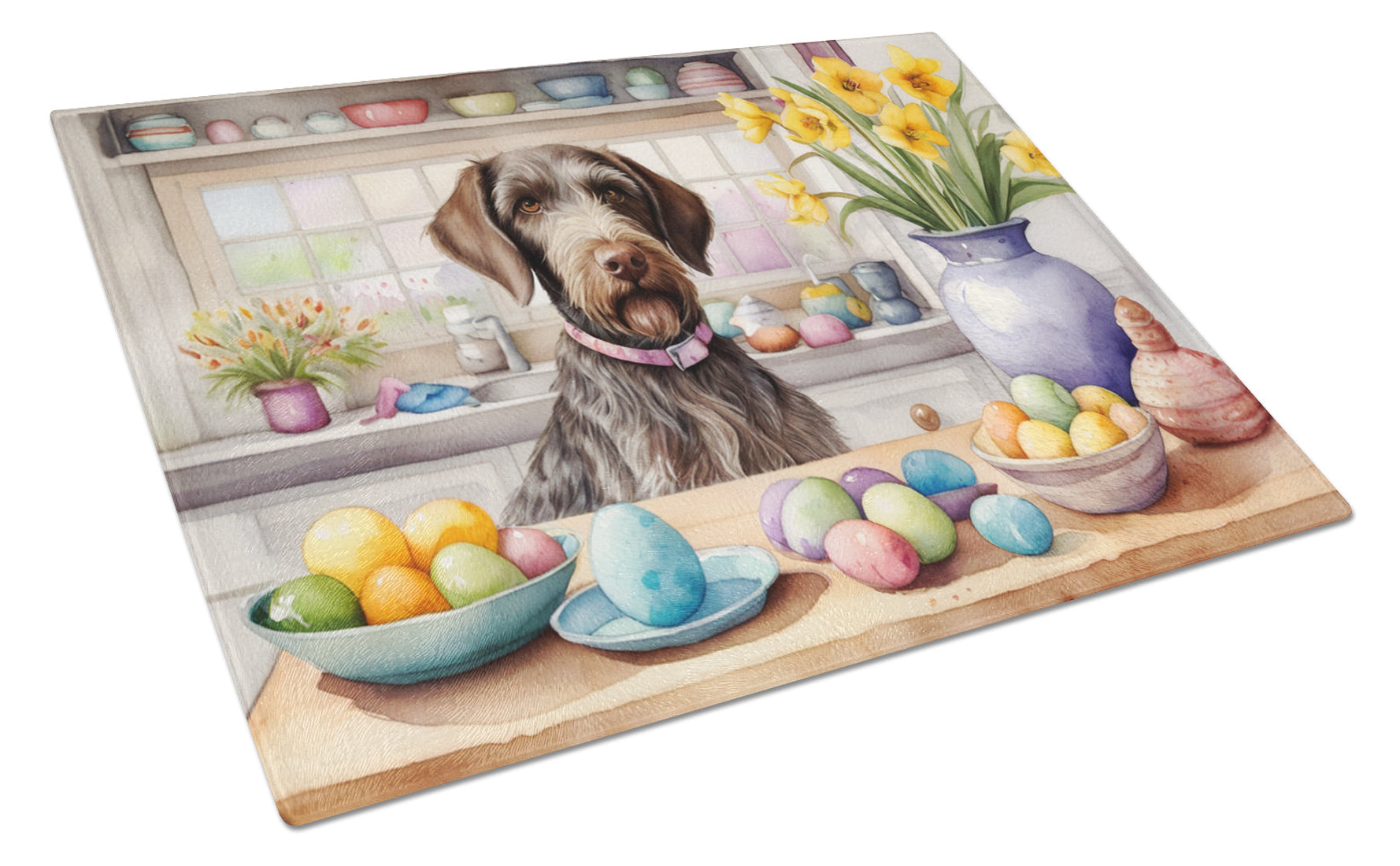 Decorating Easter German Wirehaired Pointer Cutting Board Tempered Glass Kitchen Cutting Surface, Heat Resistant Chopping, Non-Slip Feet, Food Prep & Serving