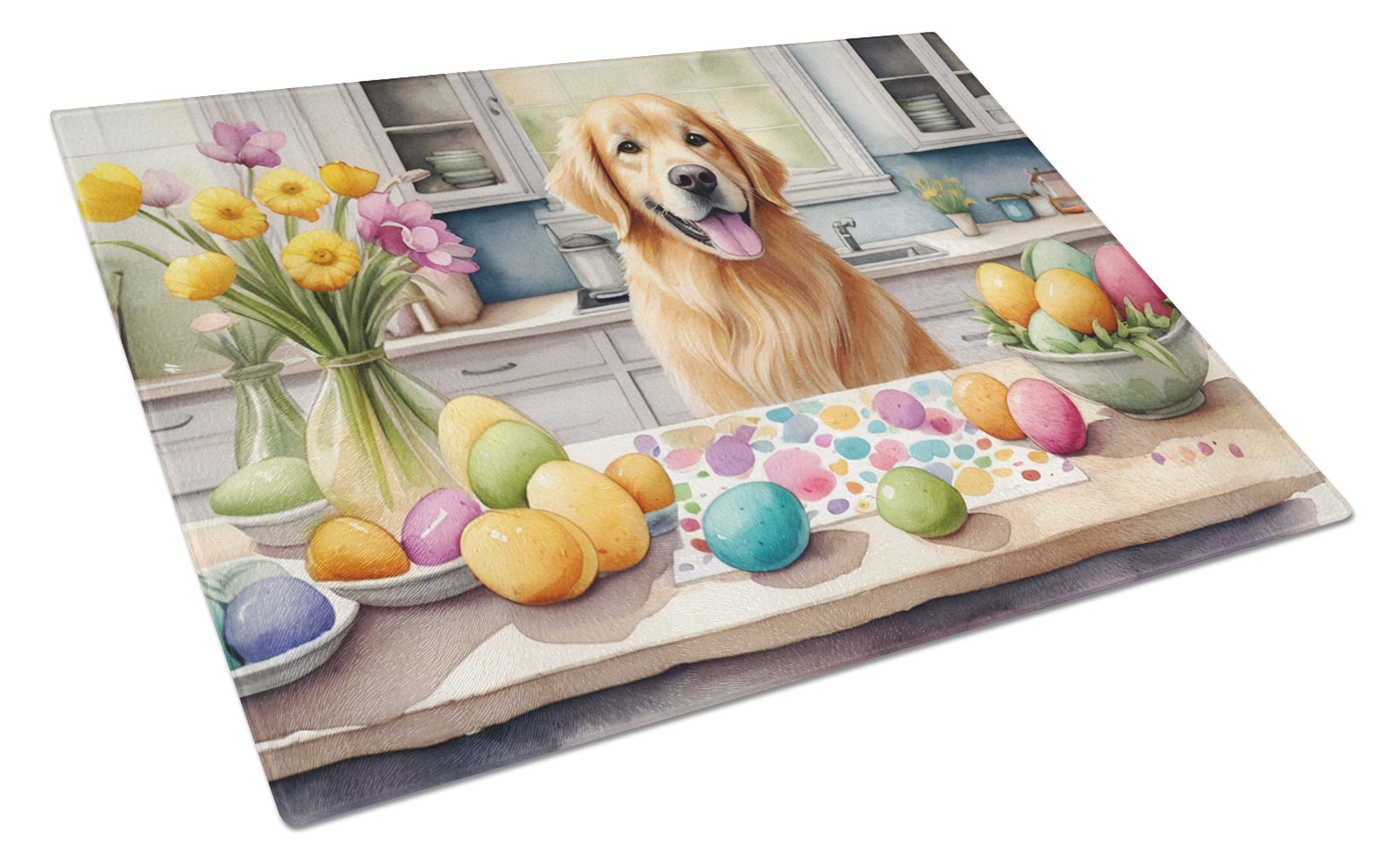 Decorating Easter Golden Retriever Cutting Board Tempered Glass Kitchen Cutting Surface, Heat Resistant Chopping, Non-Slip Feet, Food Prep & Serving