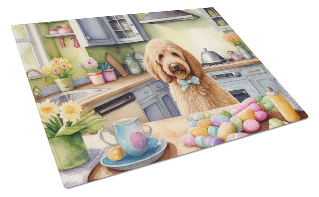 Decorating Easter Goldendoodle Cutting Board Tempered Glass Kitchen Cutting Surface, Heat Resistant Chopping, Non-Slip Feet, Food Prep & Serving