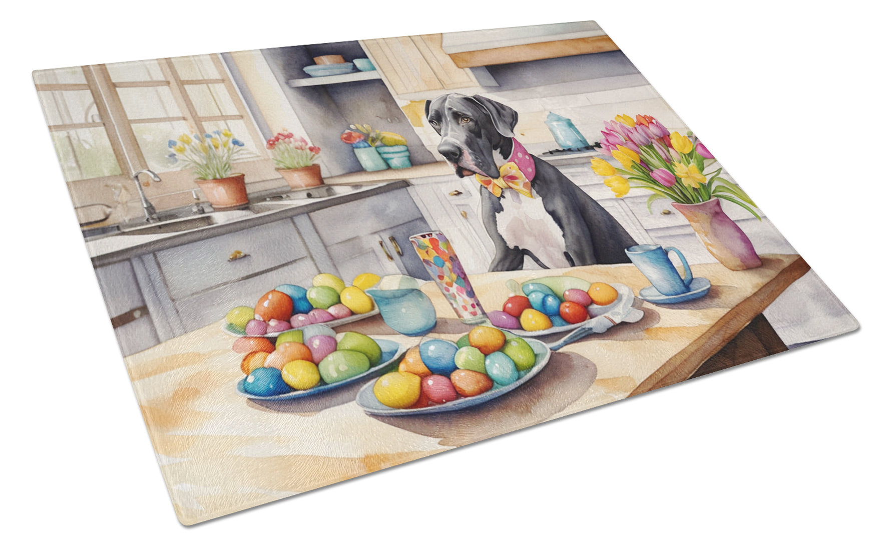 Decorating Easter Great Dane Cutting Board Tempered Glass Kitchen Cutting Surface, Heat Resistant Chopping, Non-Slip Feet, Food Prep & Serving