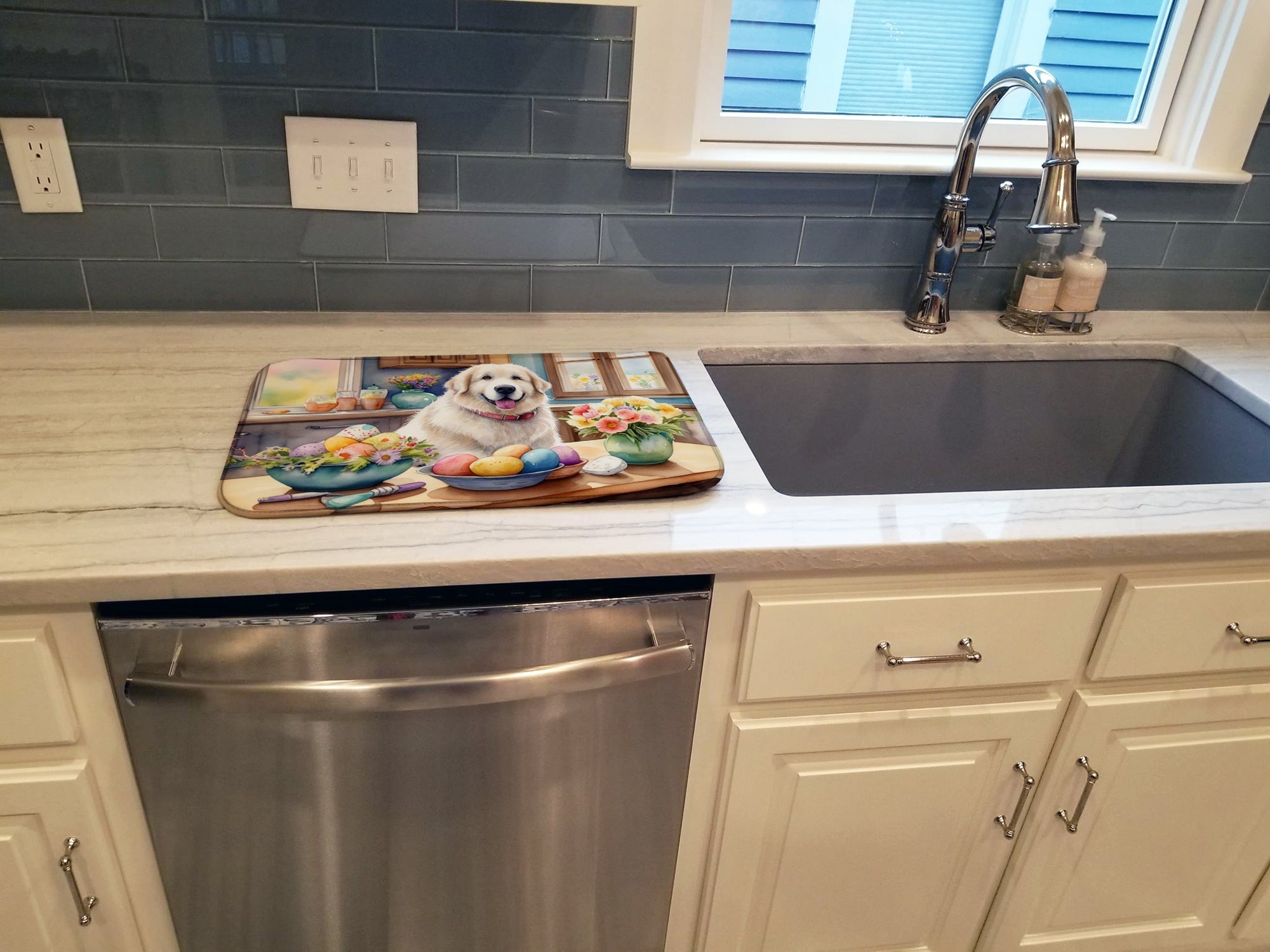 Decorating Easter Great Pyrenees Dish Drying Mat Absorbent Dish Drying Mat Pad for Kitchen Counter Dish Drainer Mat for Countertop, 14 x 21", Multicolor
