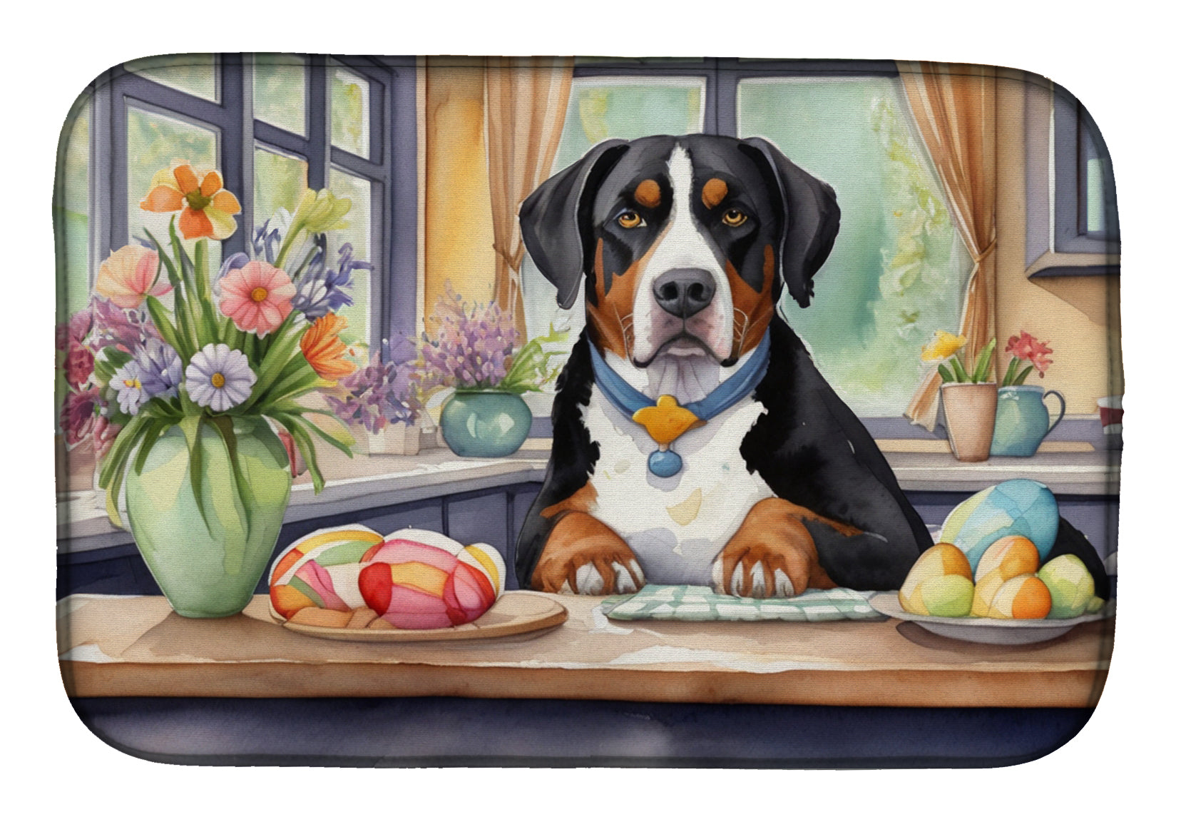 Decorating Easter Greater Swiss Mountain Dog Dish Drying Mat Absorbent Dish Drying Mat Pad for Kitchen Counter Dish Drainer Mat for Countertop, 14 x 21", Multicolor