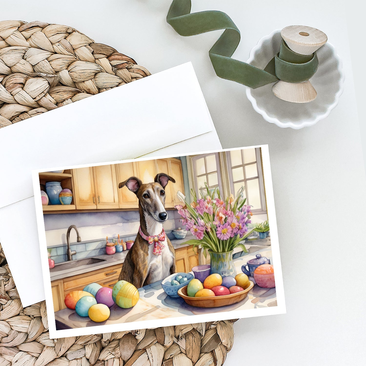 Decorating Easter Greyhound Greeting Cards Pack of 8 Blank Cards with Envelopes Whimsical A7 Size 5x7