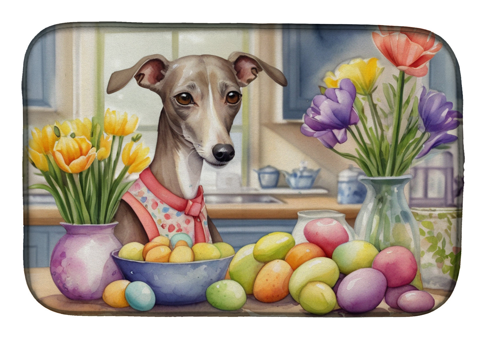 Decorating Easter Italian Greyhound Dish Drying Mat Absorbent Dish Drying Mat Pad for Kitchen Counter Dish Drainer Mat for Countertop, 14 x 21", Multicolor