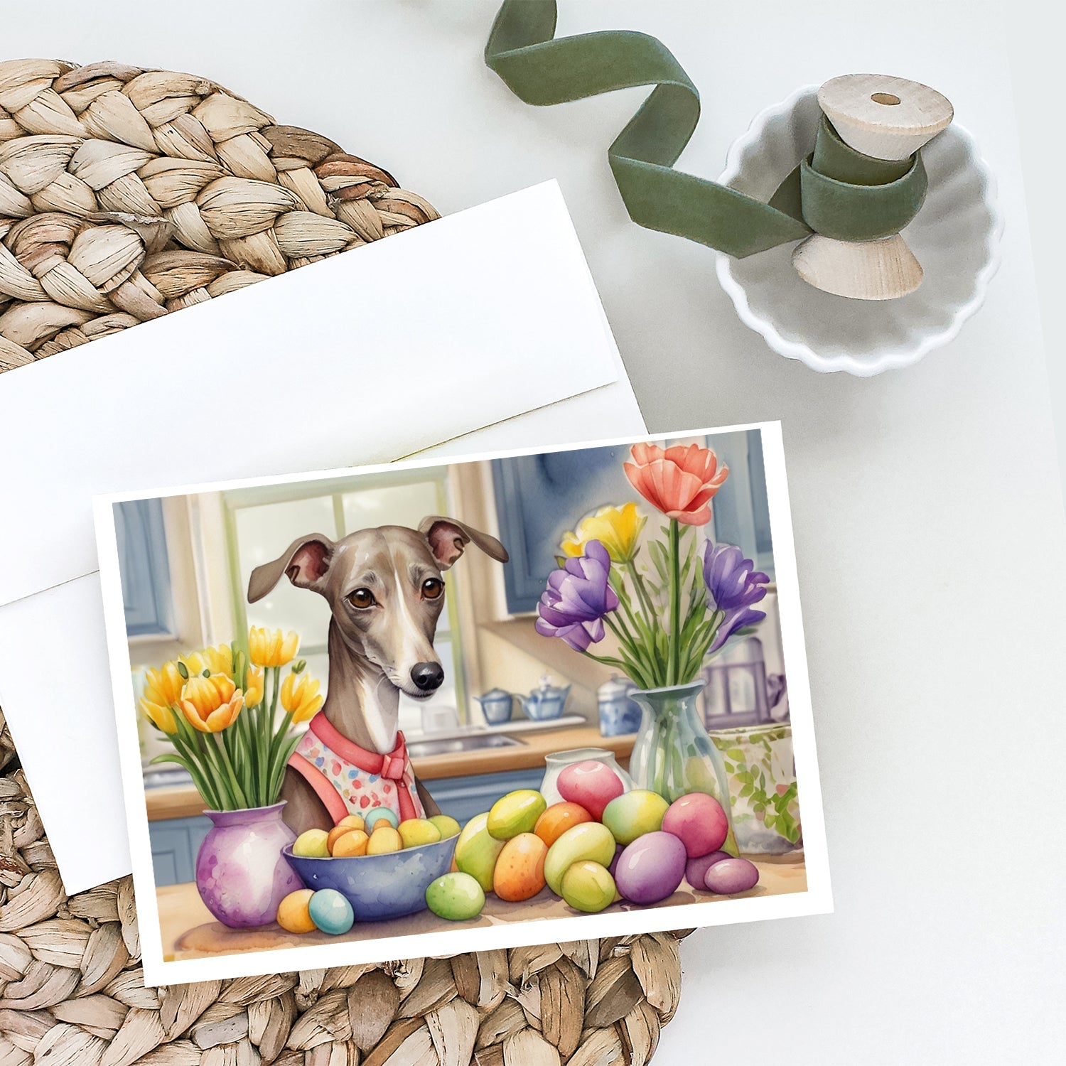 Decorating Easter Italian Greyhound Greeting Cards Pack of 8 Blank Cards with Envelopes Whimsical A7 Size 5x7