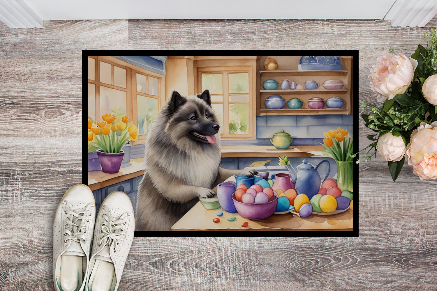 Decorating Easter Keeshond Doormat Indoor Outdoor 18H X 27W Front Door Mat Rugs for Entryway, Non Slip Washable