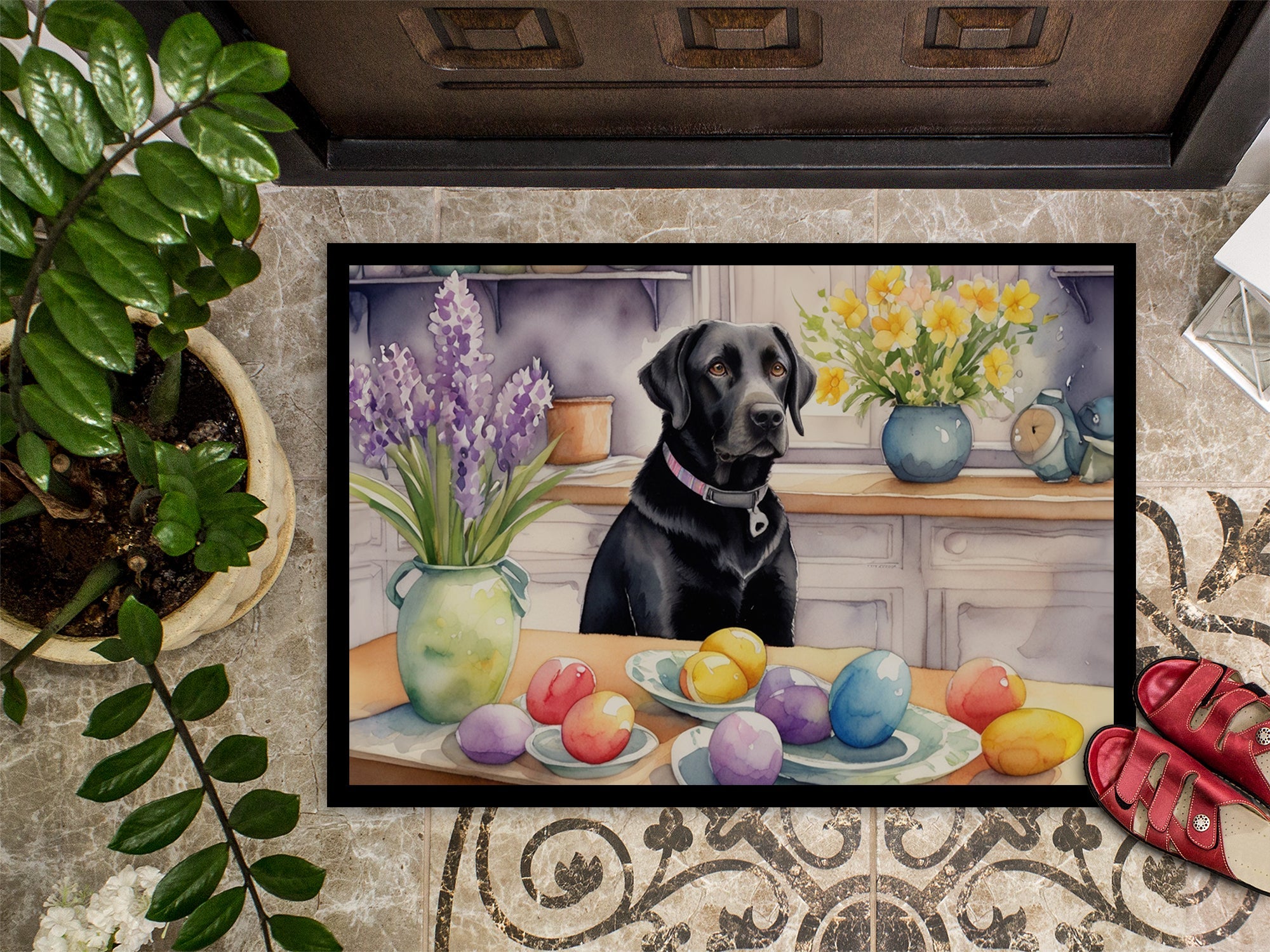 Decorating Easter Black Labrador Retriever Doormat Indoor Outdoor 24H X 36W Front Door Mat Rugs for Entryway, Non Slip Washable Low Pile,