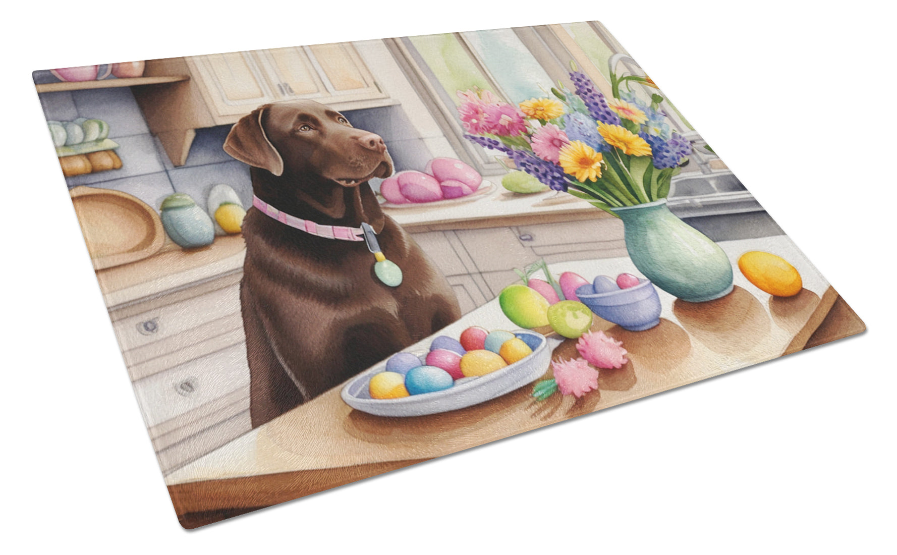 Decorating Easter Chocolate Labrador Retriever Cutting Board Tempered Glass Kitchen Cutting Surface, Heat Resistant Chopping, Non-Slip Feet, Food Prep & Serving
