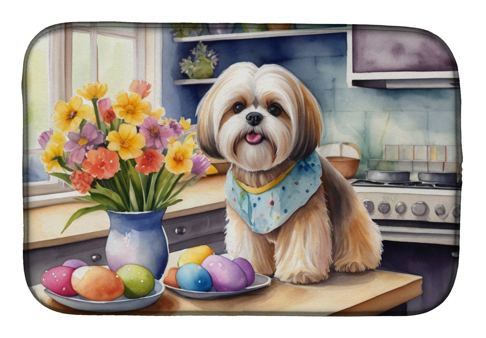 Decorating Easter Lhasa Apso Dish Drying Mat Absorbent Dish Drying Mat Pad for Kitchen Counter Dish Drainer Mat for Countertop, 14 x 21", Multicolor