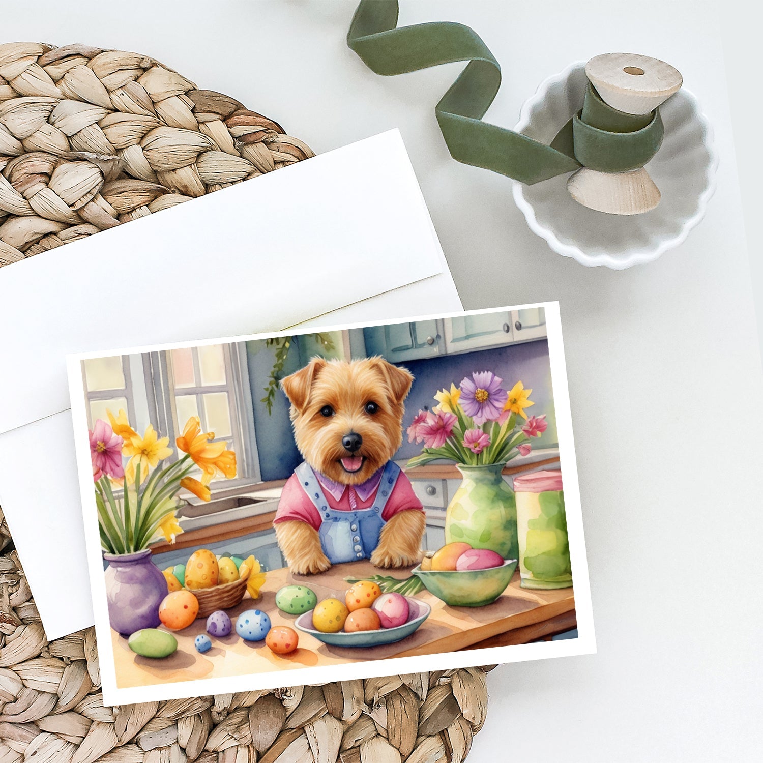Decorating Easter Norfolk Terrier Greeting Cards Pack of 8 Blank Cards with Envelopes Whimsical A7 Size 5x7