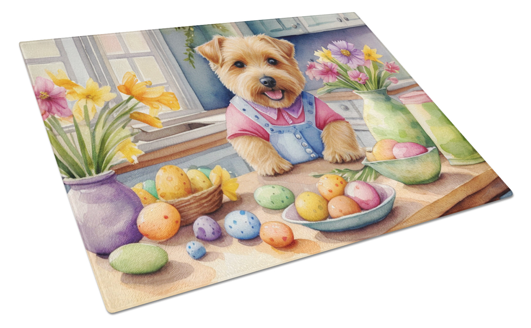 Decorating Easter Norfolk Terrier Cutting Board Tempered Glass Kitchen Cutting Surface, Heat Resistant Chopping, Non-Slip Feet, Food Prep & Serving