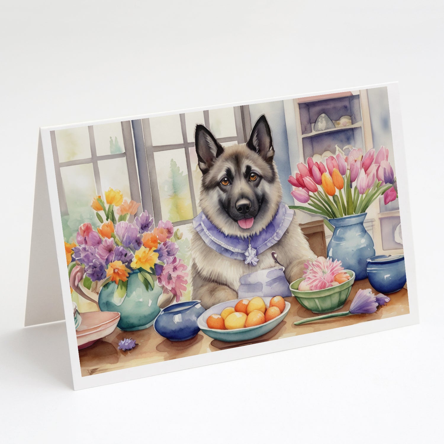 Decorating Easter Norwegian Elkhound Greeting Cards Pack of 8 Blank Cards with Envelopes Whimsical A7 Size 5x7