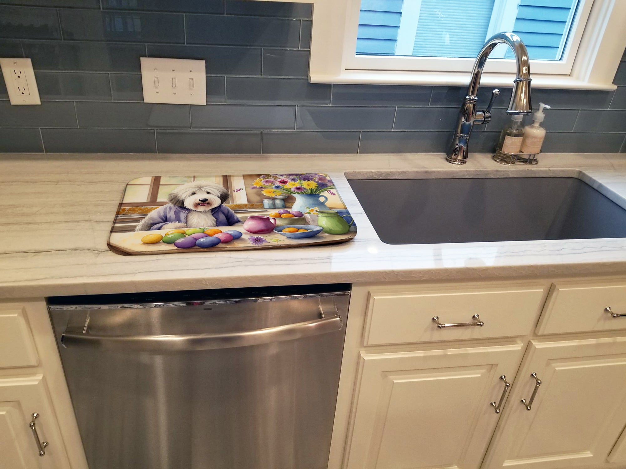 Decorating Easter Old English Sheepdog Dish Drying Mat Absorbent Dish Drying Mat Pad for Kitchen Counter Dish Drainer Mat for Countertop, 14 x 21", Multicolor