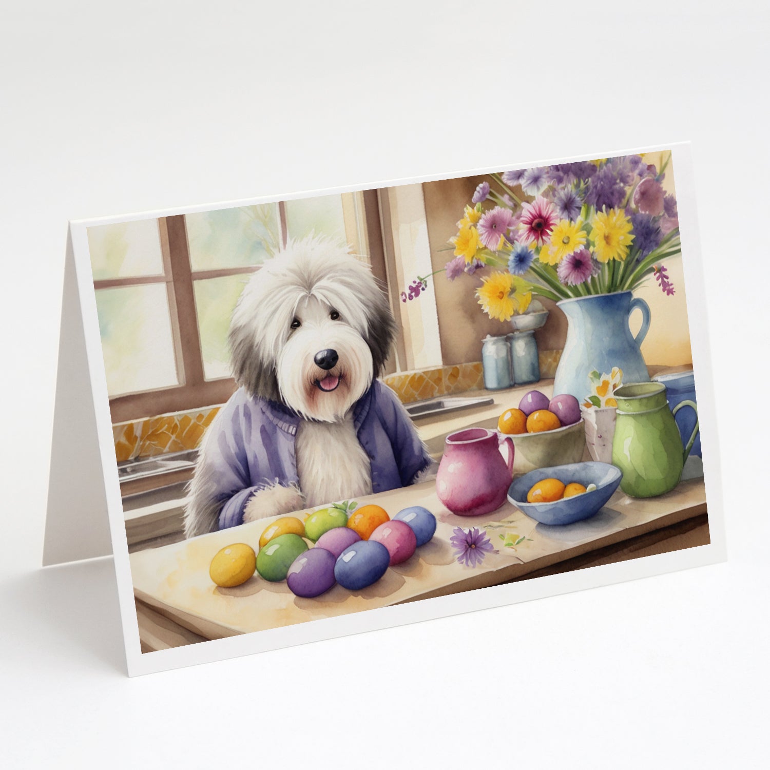 Decorating Easter Old English Sheepdog Greeting Cards Pack of 8 Blank Cards with Envelopes Whimsical A7 Size 5x7