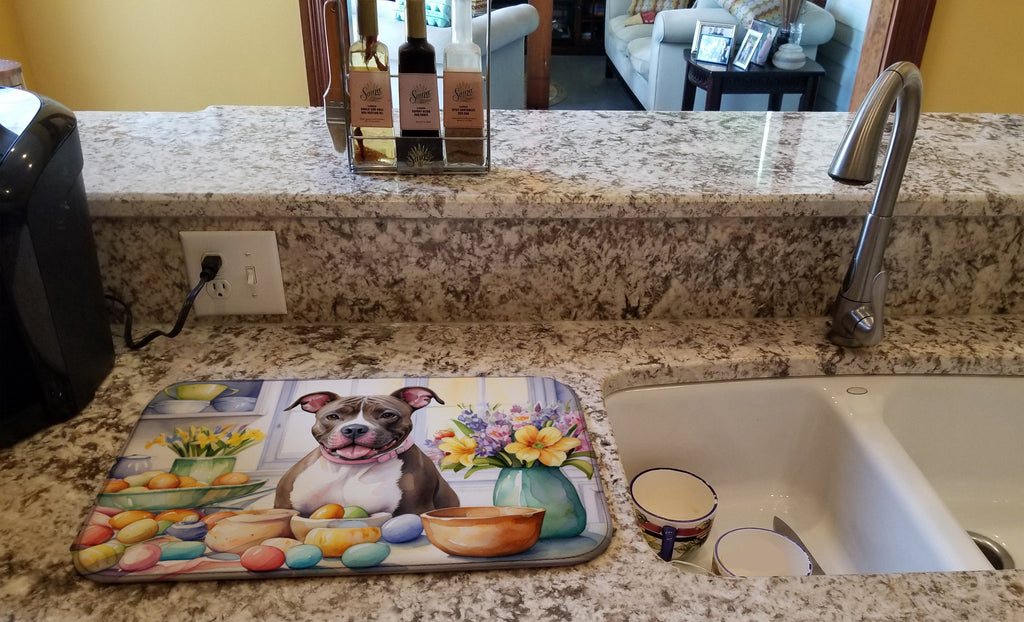 Decorating Easter Pit Bull Terrier Dish Drying Mat Absorbent Dish Drying Mat Pad for Kitchen Counter Dish Drainer Mat for Countertop, 14 x 21", Multicolor