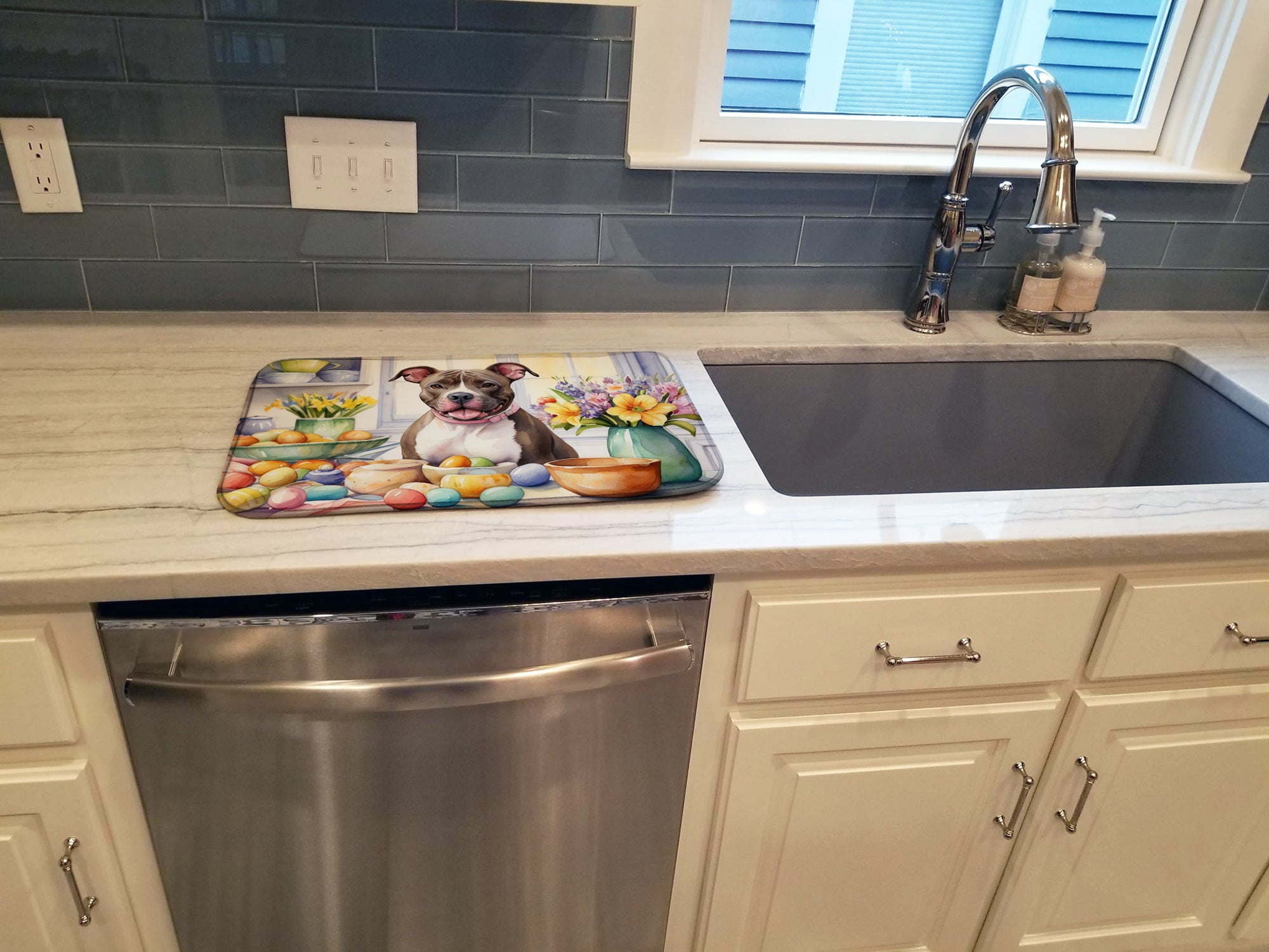 Decorating Easter Pit Bull Terrier Dish Drying Mat Absorbent Dish Drying Mat Pad for Kitchen Counter Dish Drainer Mat for Countertop, 14 x 21", Multicolor