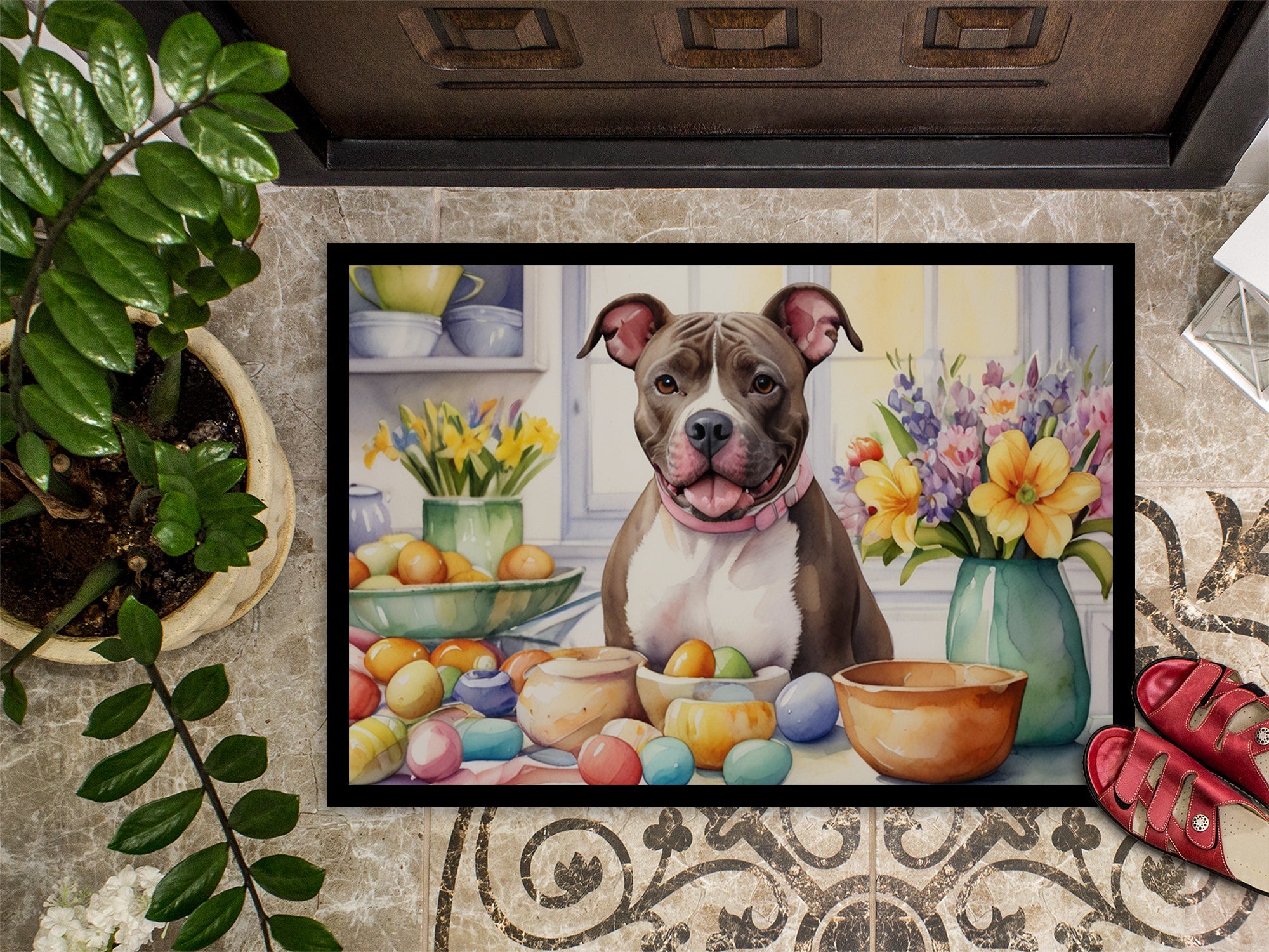 Decorating Easter Pit Bull Terrier Doormat Indoor Outdoor 18H X 27W Front Door Mat Rugs for Entryway, Non Slip Washable