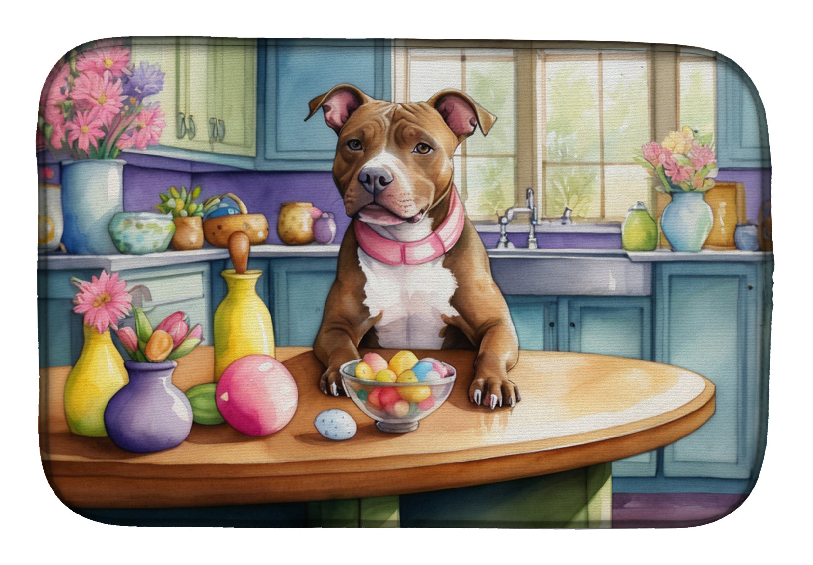 Decorating Easter Pit Bull Terrier Dish Drying Mat Absorbent Dish Drying Mat Pad for Kitchen Counter Dish Drainer Mat for Countertop, 14 x 21", Multicolor