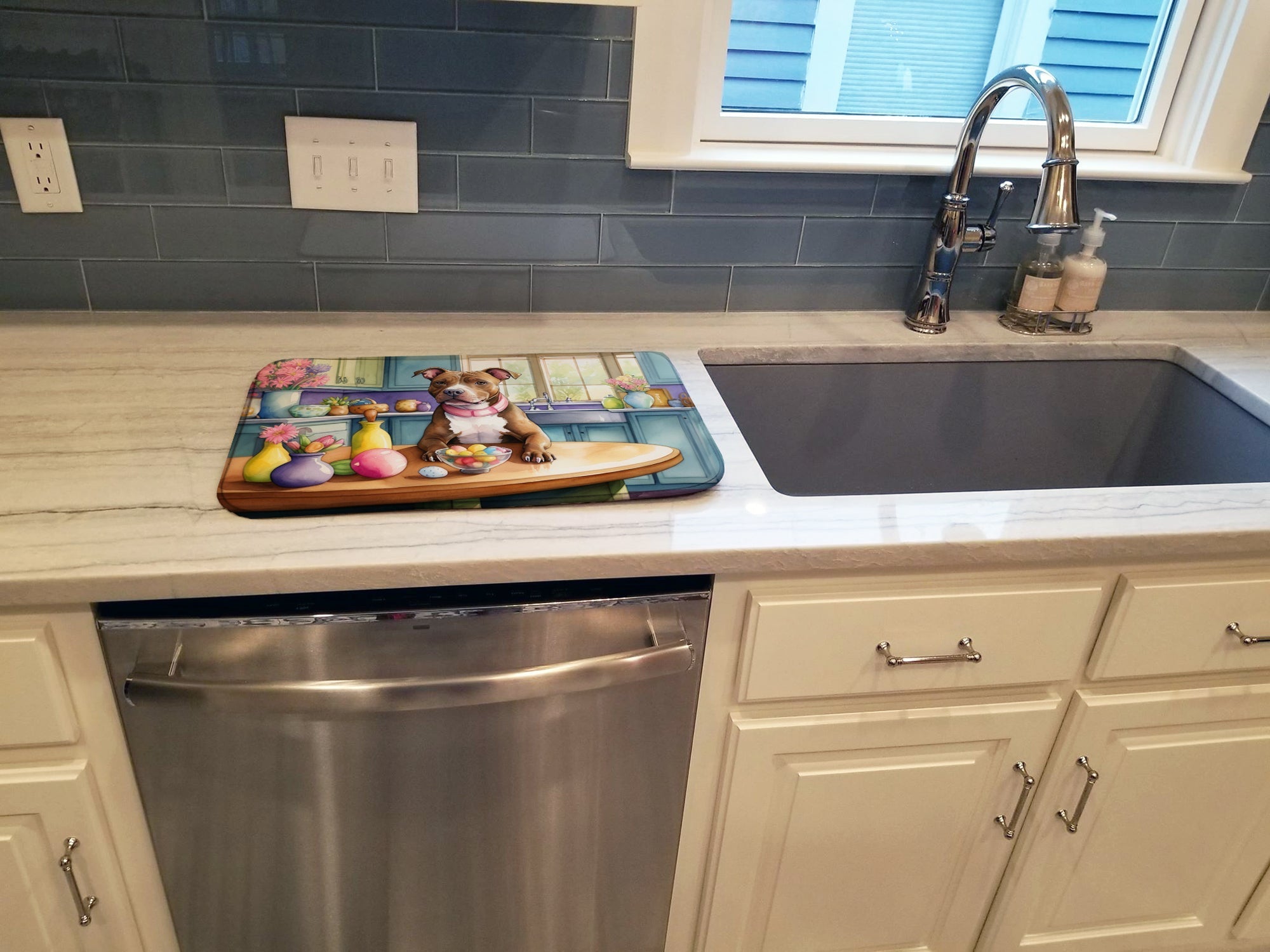 Decorating Easter Pit Bull Terrier Dish Drying Mat Absorbent Dish Drying Mat Pad for Kitchen Counter Dish Drainer Mat for Countertop, 14 x 21", Multicolor