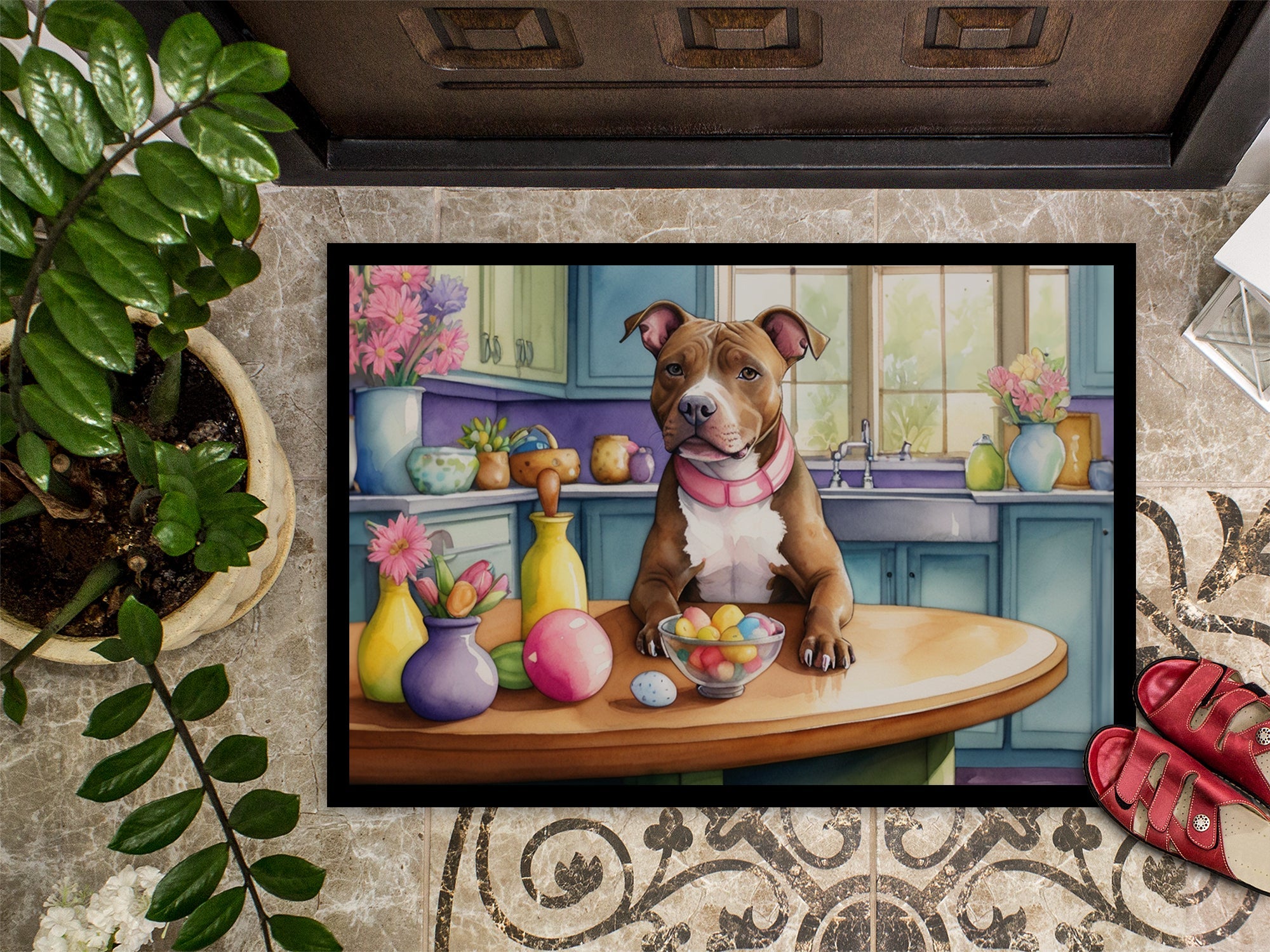 Decorating Easter Pit Bull Terrier Doormat Indoor Outdoor 24H X 36W Front Door Mat Rugs for Entryway, Non Slip Washable Low Pile,