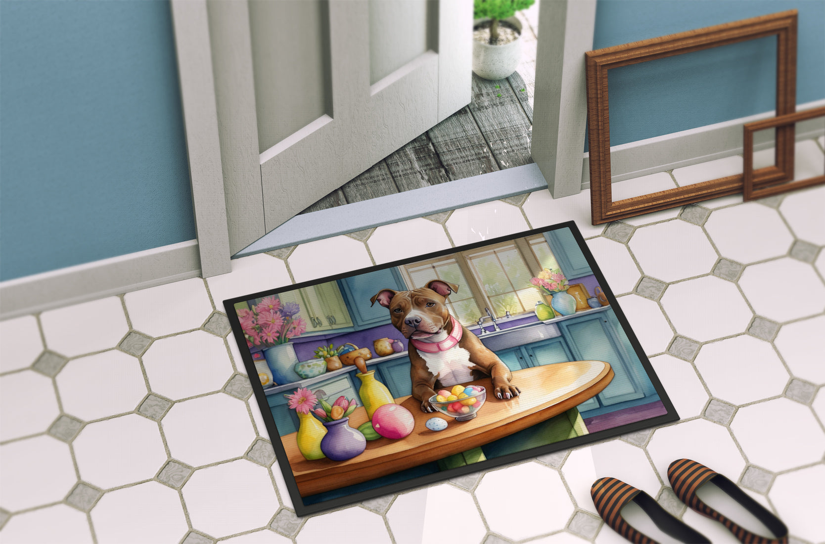 Decorating Easter Pit Bull Terrier Doormat Indoor Outdoor 18H X 27W Front Door Mat Rugs for Entryway, Non Slip Washable