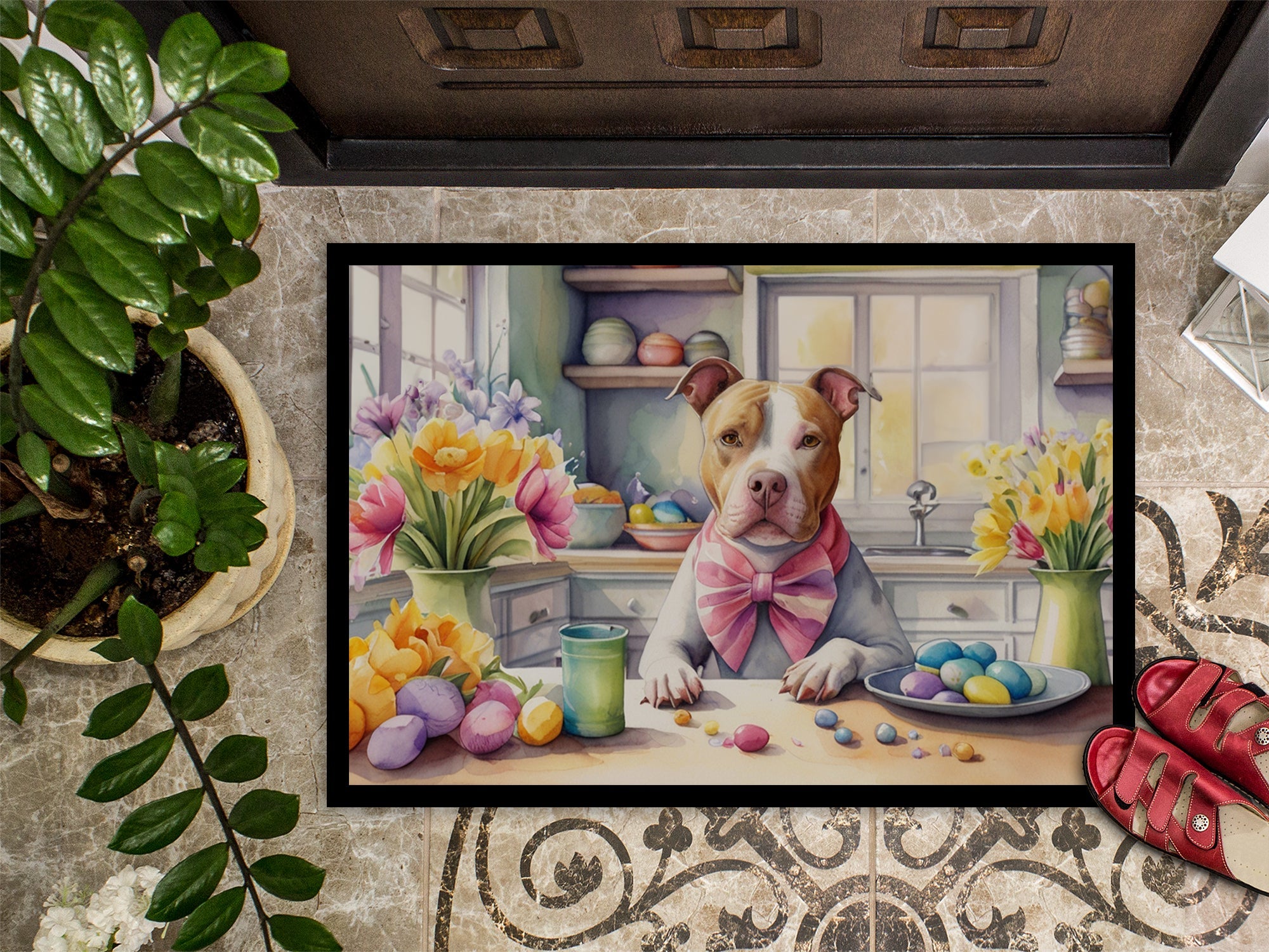 Decorating Easter Pit Bull Terrier Doormat Indoor Outdoor 24H X 36W Front Door Mat Rugs for Entryway, Non Slip Washable Low Pile,