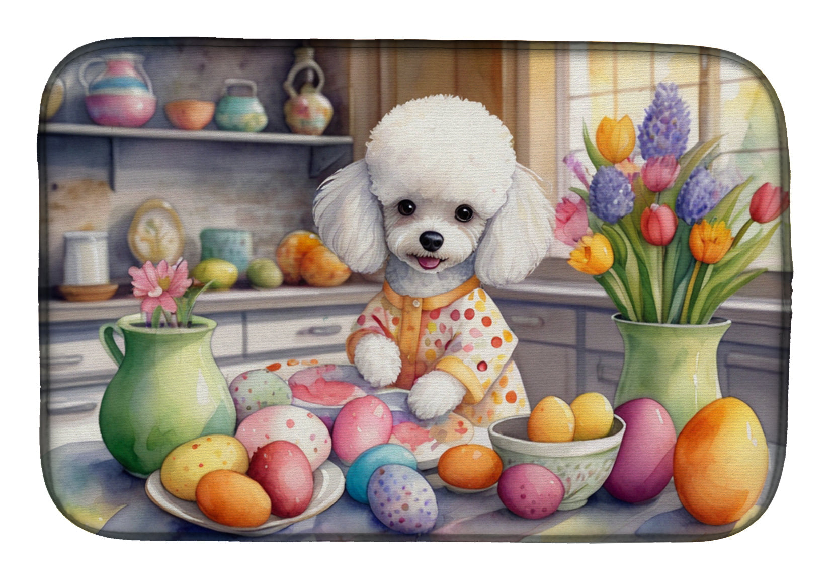 Decorating Easter White Poodle Dish Drying Mat Absorbent Dish Drying Mat Pad for Kitchen Counter Dish Drainer Mat for Countertop, 14 x 21", Multicolor