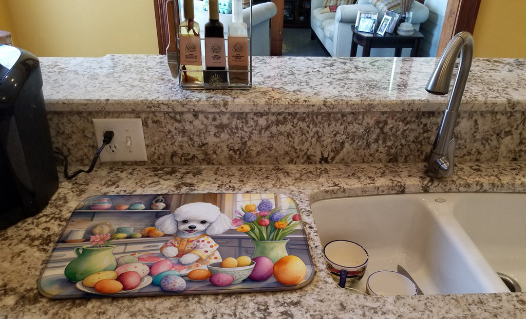 Decorating Easter White Poodle Dish Drying Mat Absorbent Dish Drying Mat Pad for Kitchen Counter Dish Drainer Mat for Countertop, 14 x 21", Multicolor