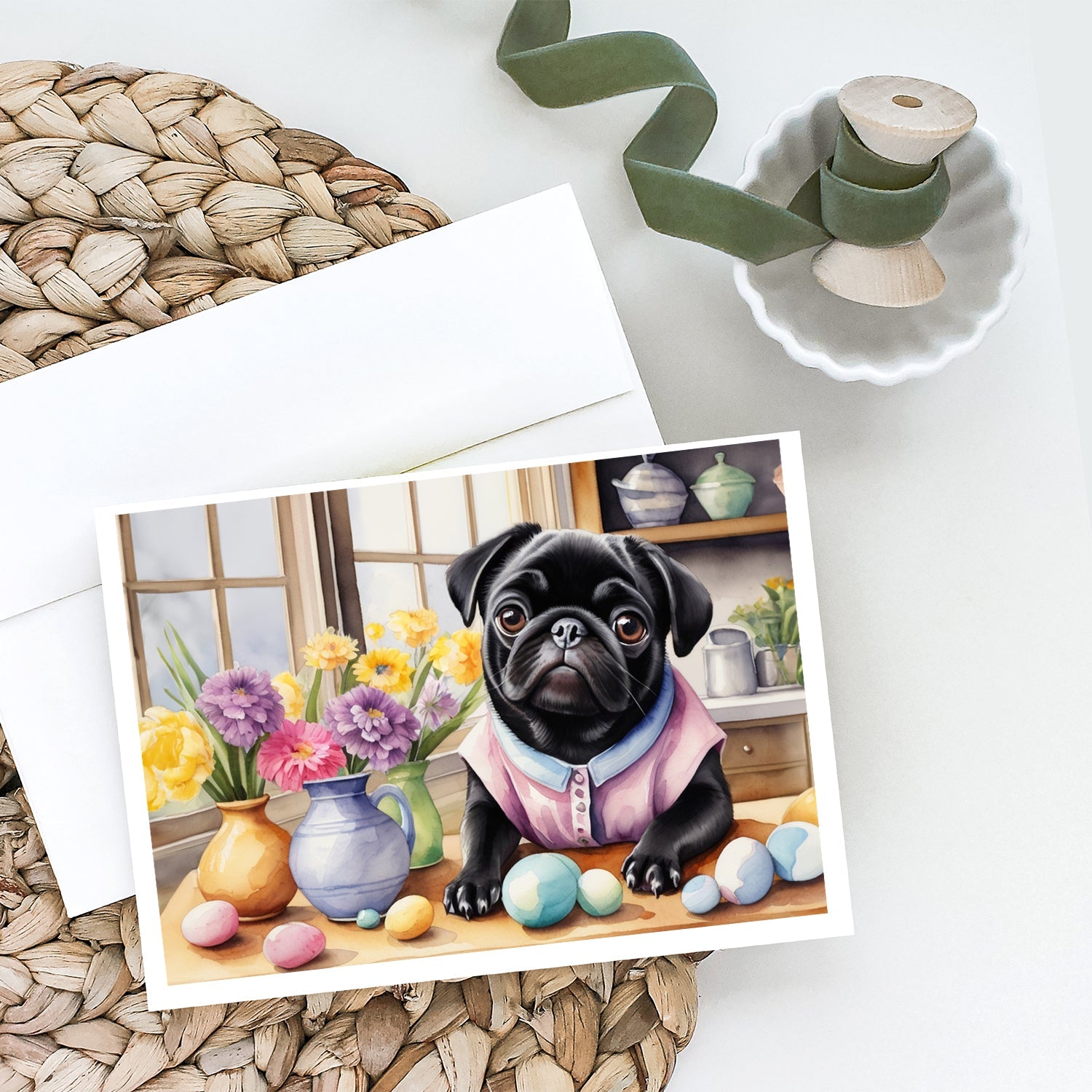 Decorating Easter Pug Greeting Cards Pack of 8 Blank Cards with Envelopes Whimsical A7 Size 5x7
