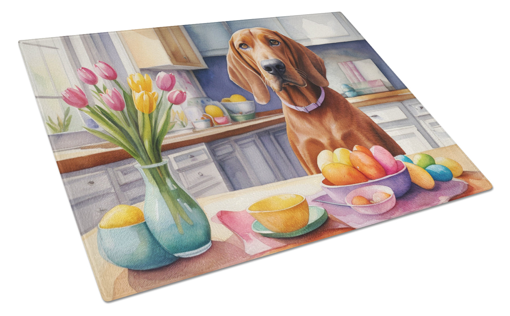 Decorating Easter Redbone Coonhound Cutting Board Tempered Glass Kitchen Cutting Surface, Heat Resistant Chopping, Non-Slip Feet, Food Prep & Serving