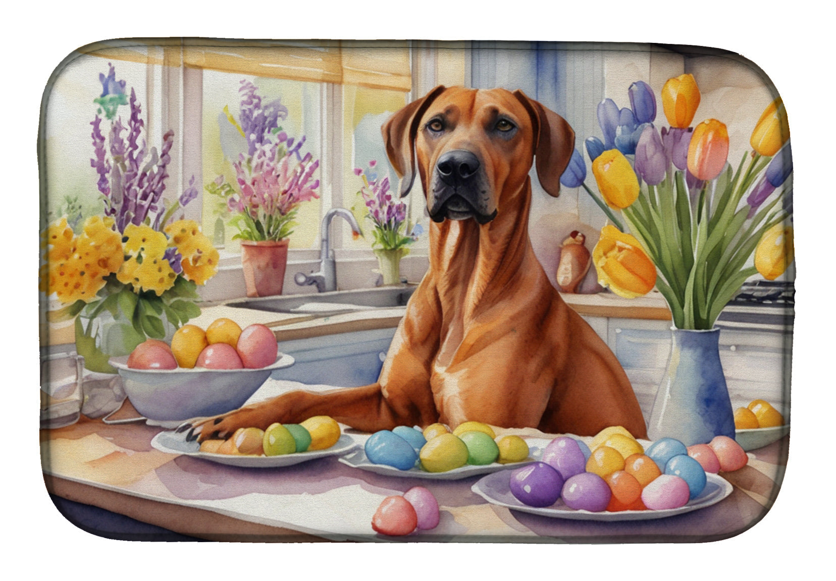 Decorating Easter Rhodesian Ridgeback Dish Drying Mat Absorbent Dish Drying Mat Pad for Kitchen Counter Dish Drainer Mat for Countertop, 14 x 21", Multicolor