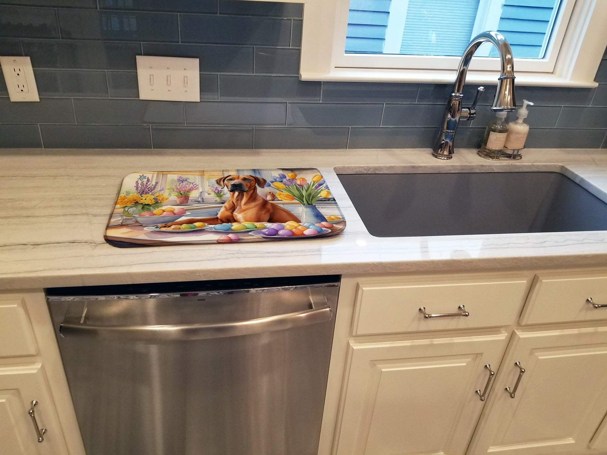 Decorating Easter Rhodesian Ridgeback Dish Drying Mat Absorbent Dish Drying Mat Pad for Kitchen Counter Dish Drainer Mat for Countertop, 14 x 21", Multicolor
