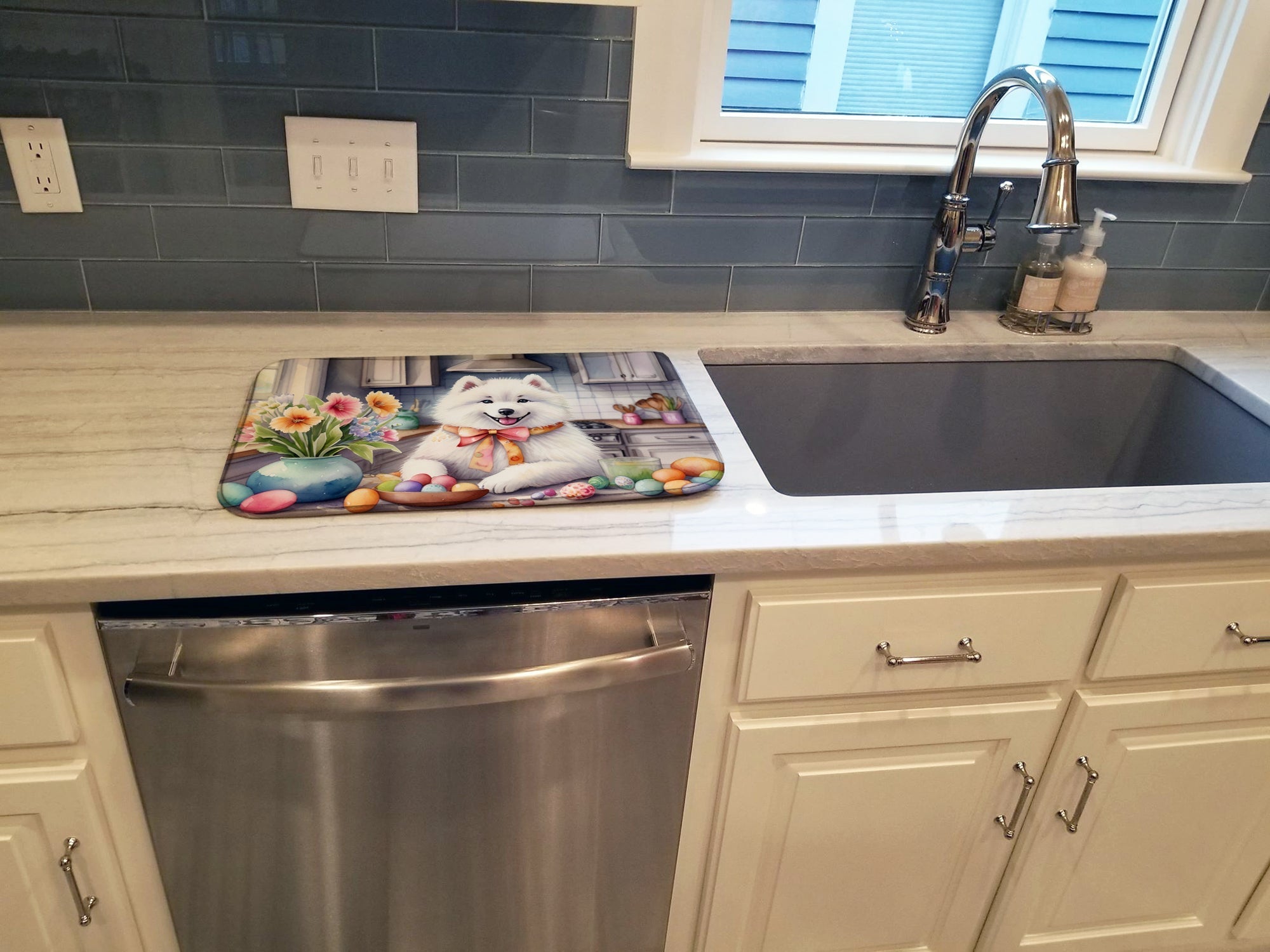 Decorating Easter Samoyed Dish Drying Mat Absorbent Dish Drying Mat Pad for Kitchen Counter Dish Drainer Mat for Countertop, 14 x 21", Multicolor